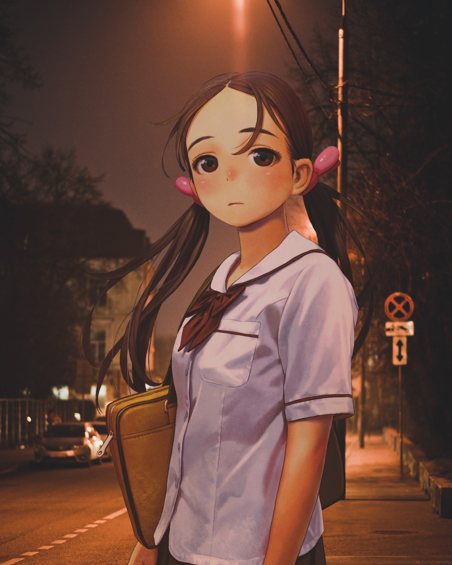Anime girl with pigtails on a street at night HD Phone Wallpaper