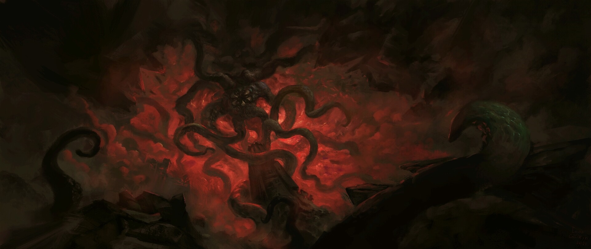 Tentacled creature emerging from a fiery abyss HD Wallpaper
