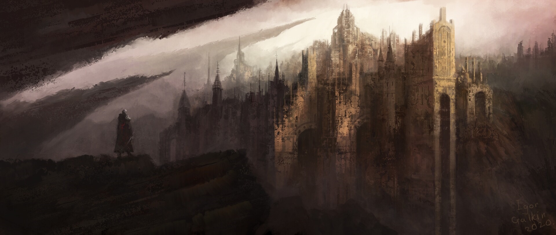 Fantasy art of a lone figure overlooking a ruined city HD Wallpaper