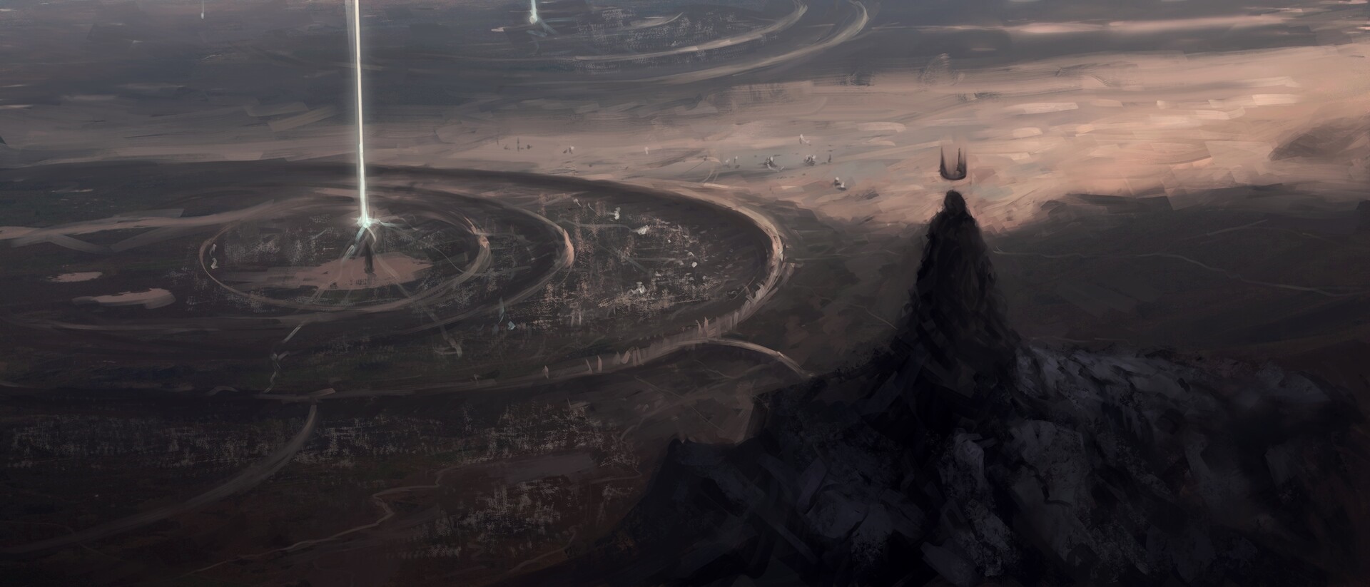 Fantasy art of a circular city with a light beam HD Wallpaper