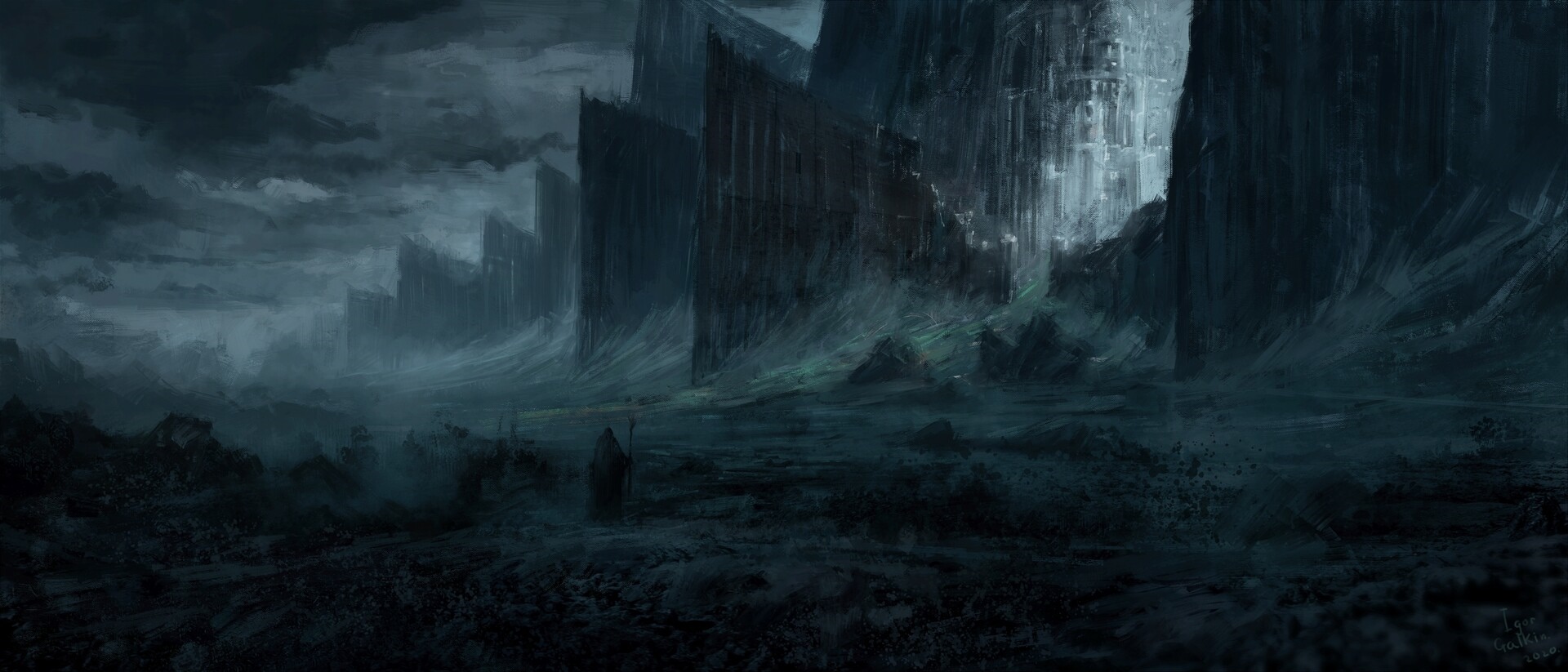 Fantasy art of a desolate landscape with towering structures HD Wallpaper