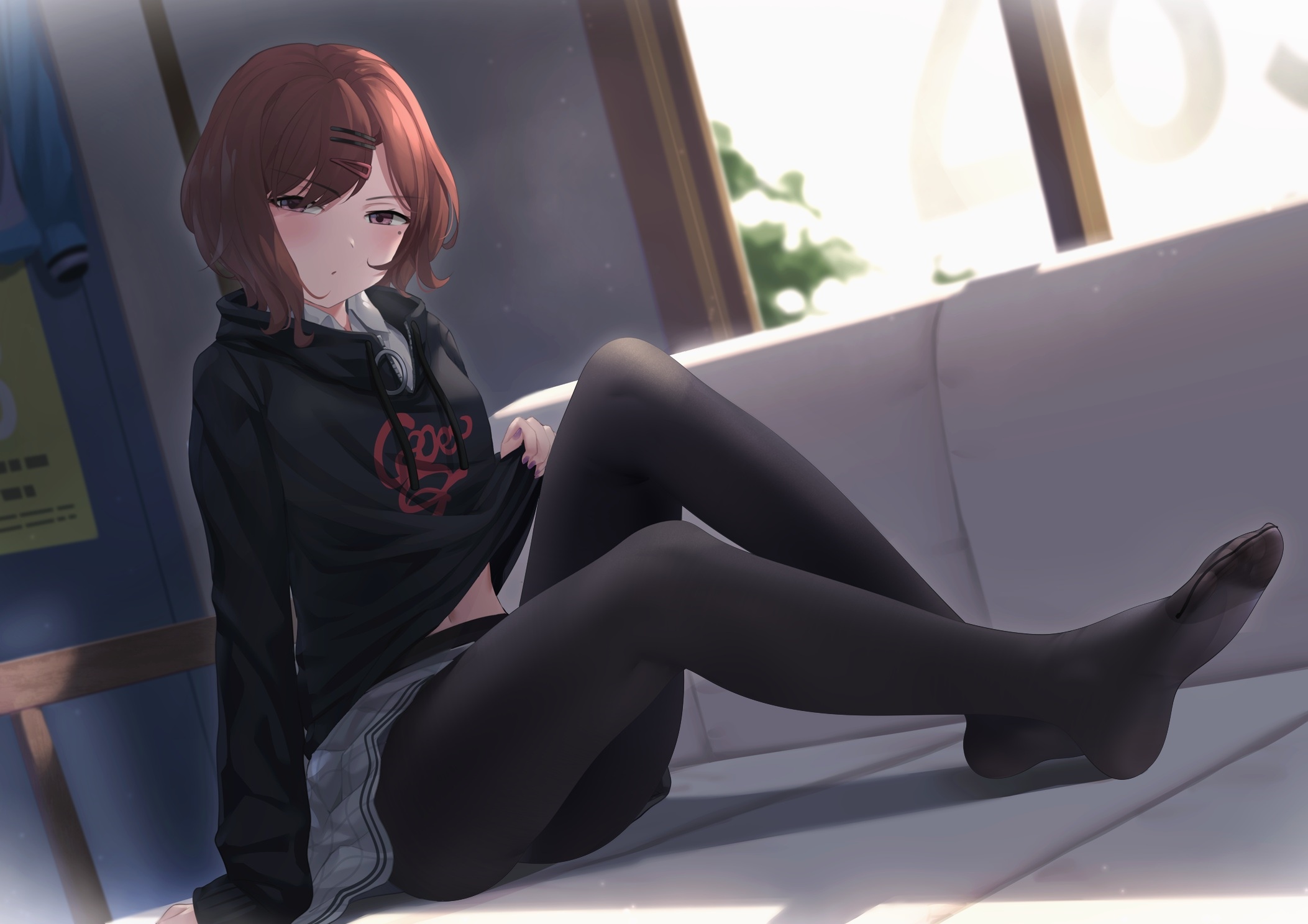 Madoka Higuchi wearing a hoodie and pantyhose indoors HD Wallpaper
