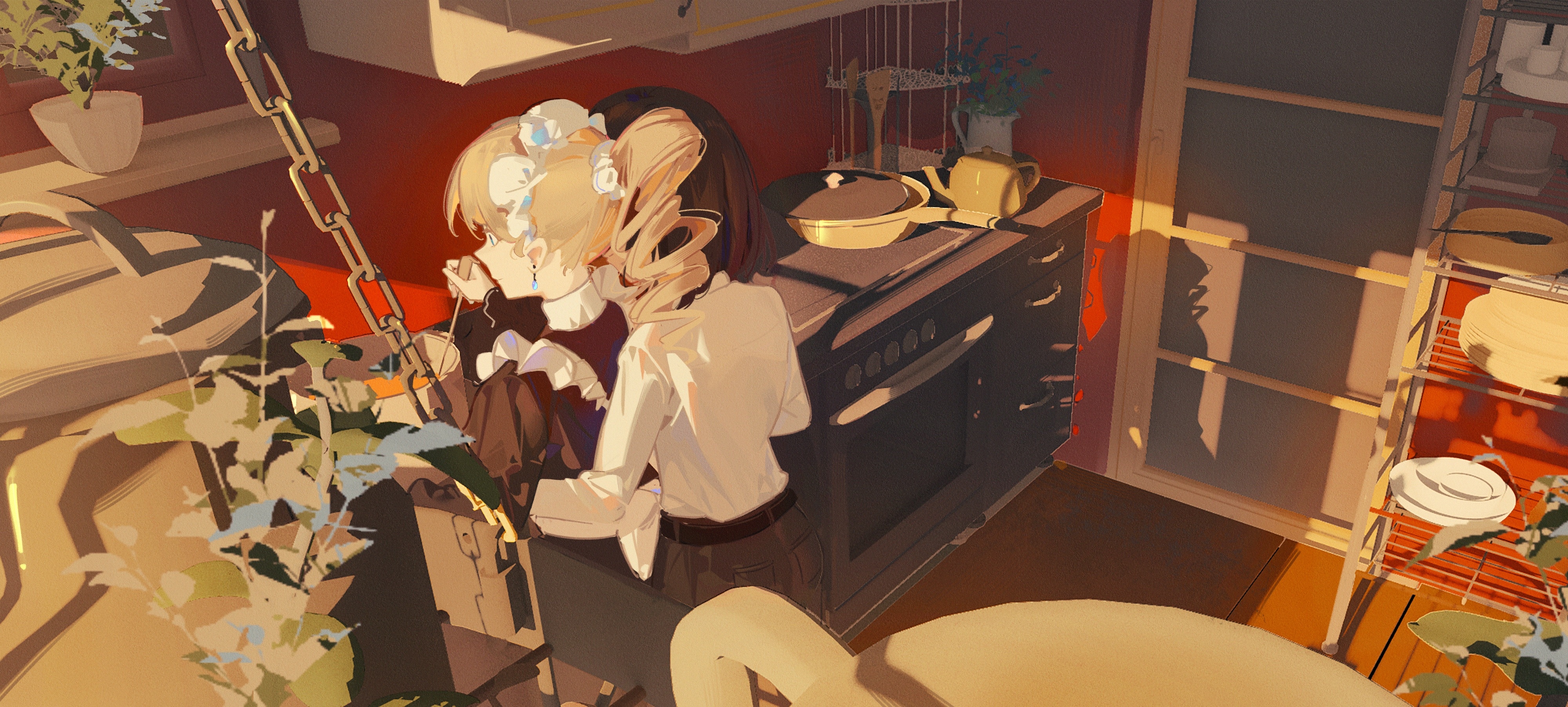 Two women in a kitchen with pans and an oven HD Wallpaper