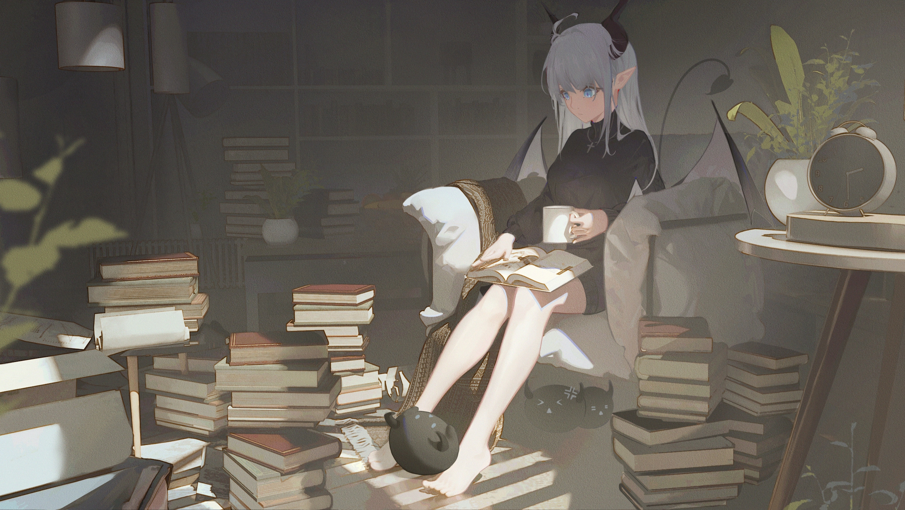 Anime girl with horns reading books HD Wallpaper