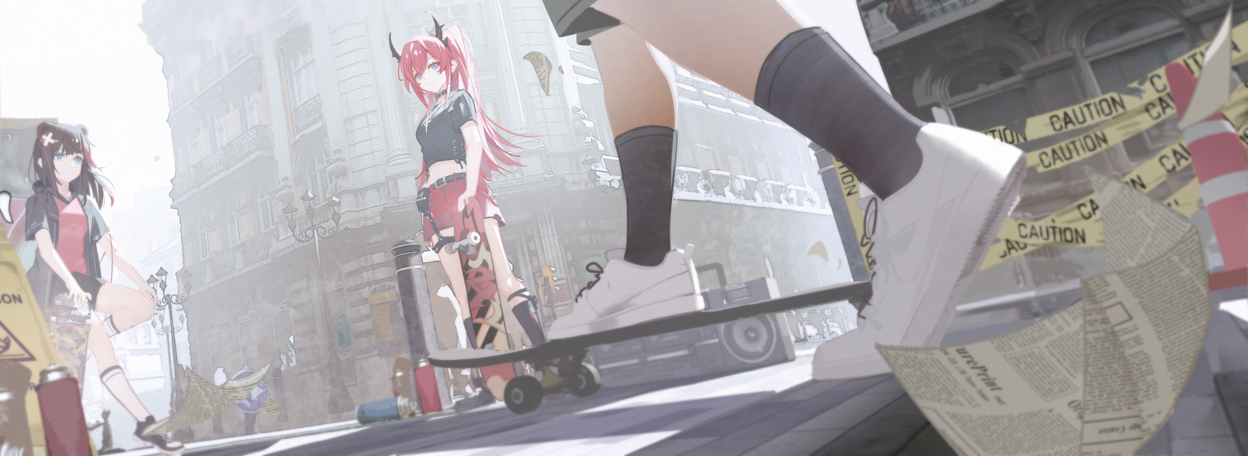 Arknights characters with skateboards in an urban setting HD Wallpaper