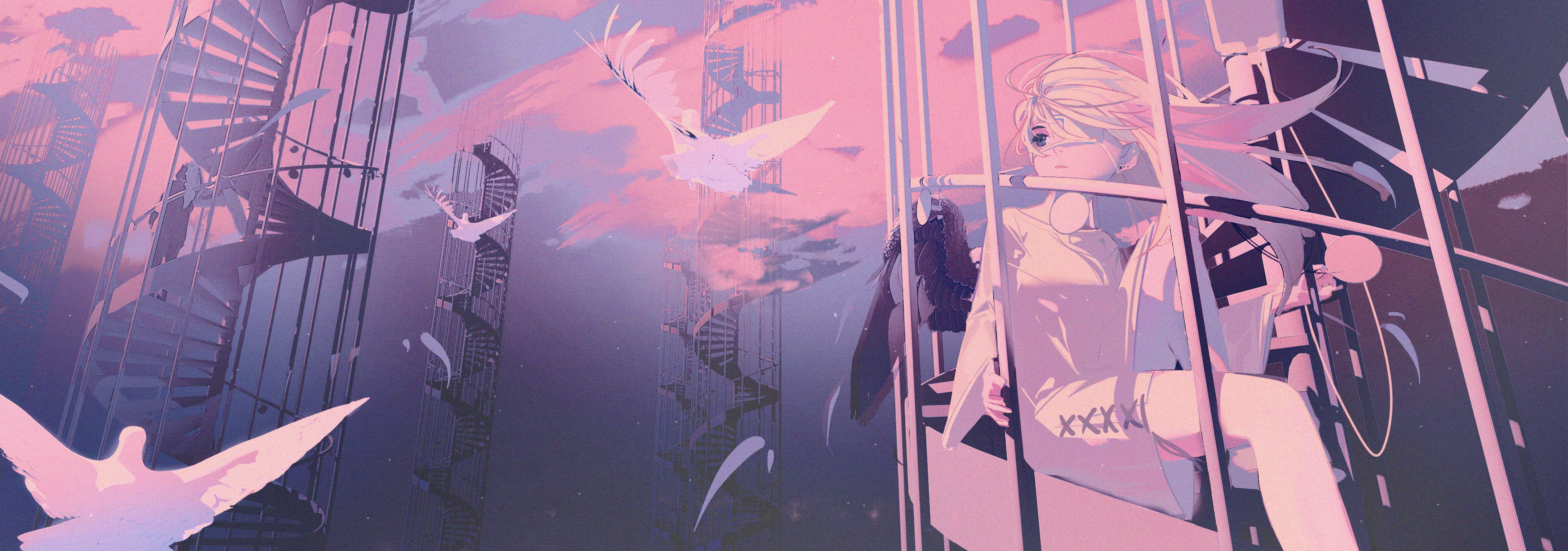 4K fantasy art of birds and women with stairs HD Wallpaper