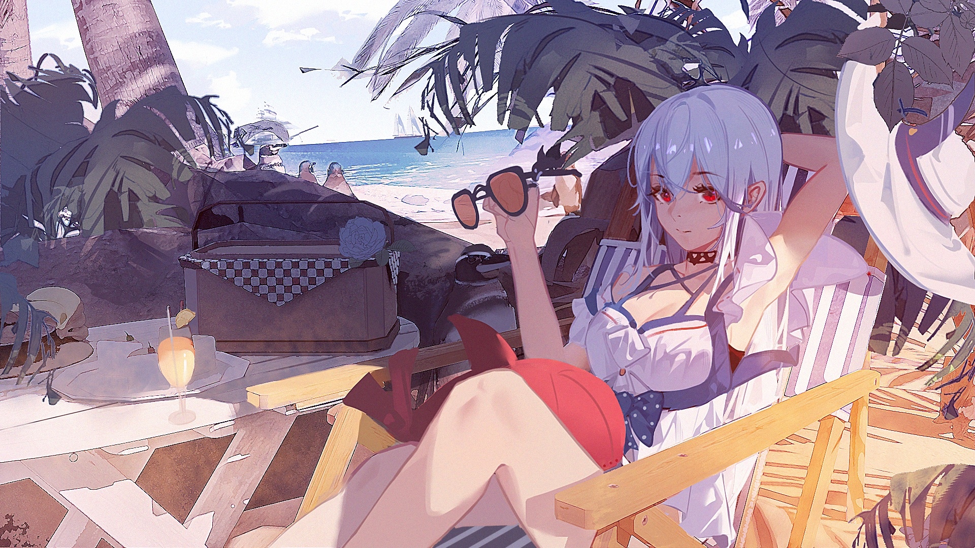 Skadi relaxing on a beach with palm trees HD Wallpaper