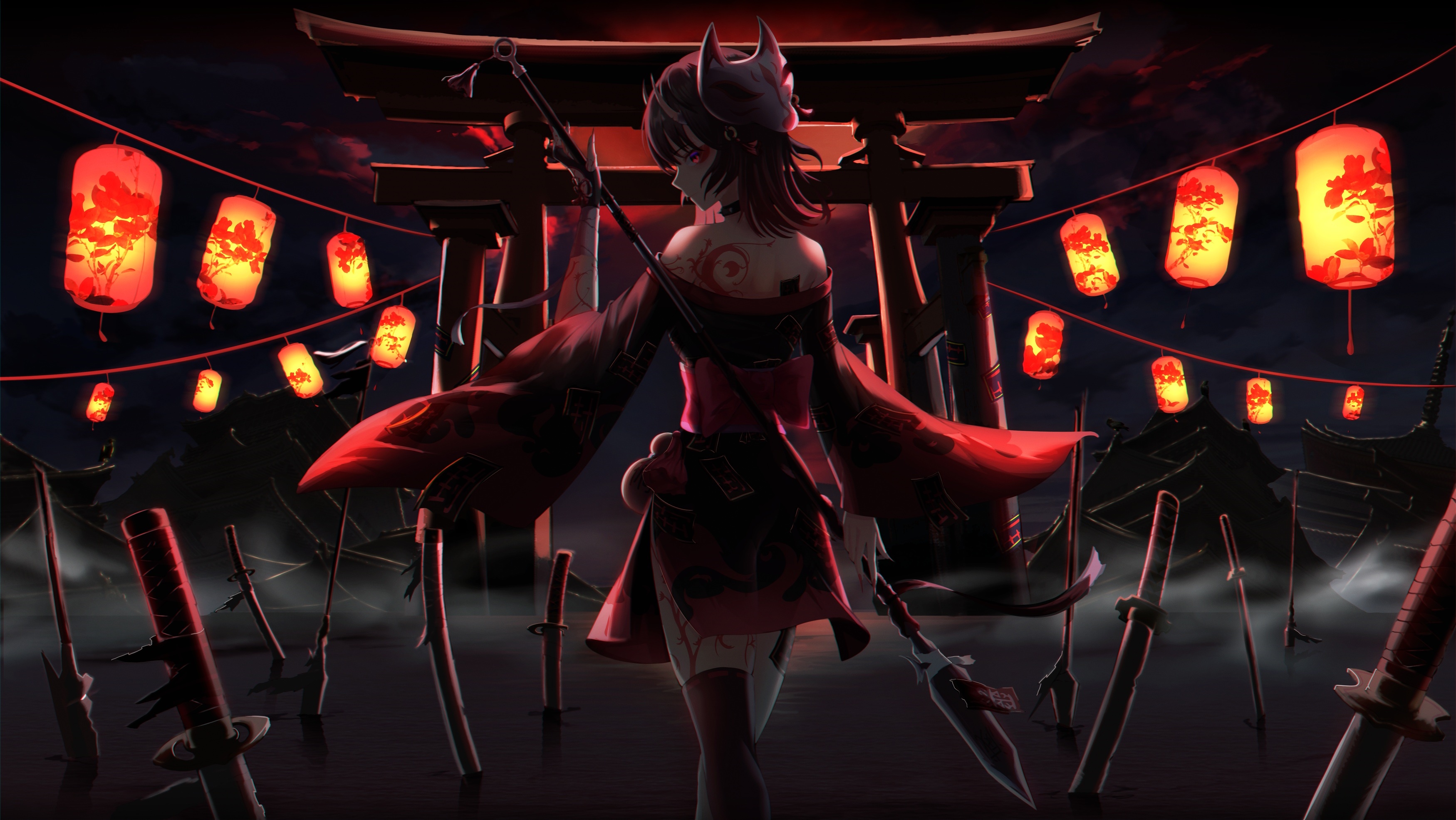 Fantasy girl with spear and swords near torii gate HD Wallpaper