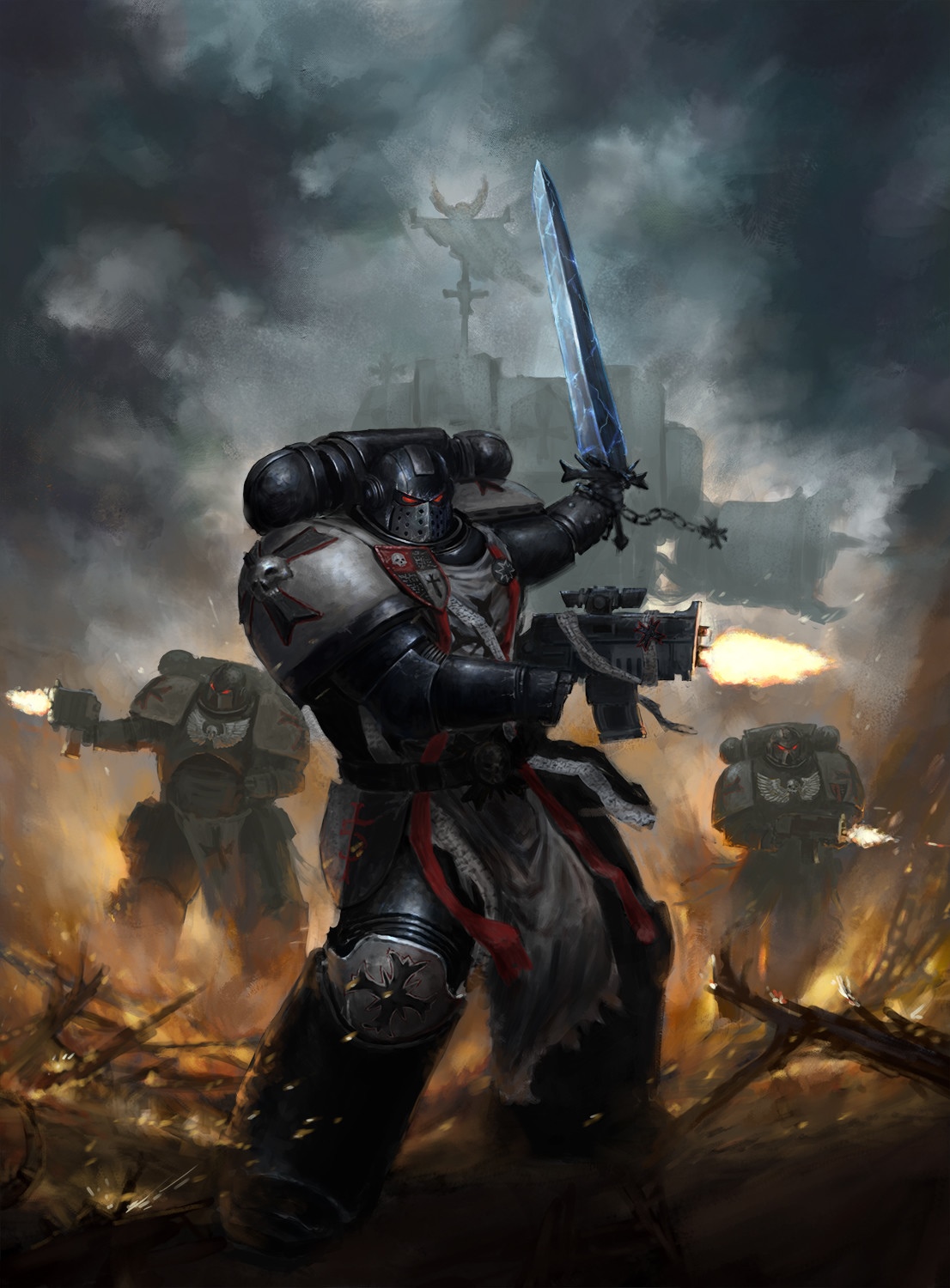 Warhammer 40,000 Black Templars in battle HD Phone Wallpaper