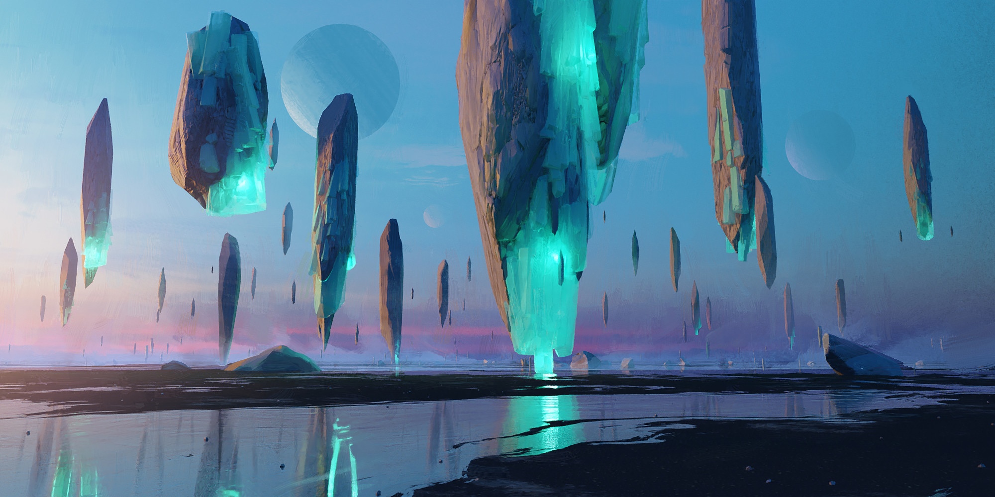 Floating crystalline rocks over a reflective landscape HD Wallpaper