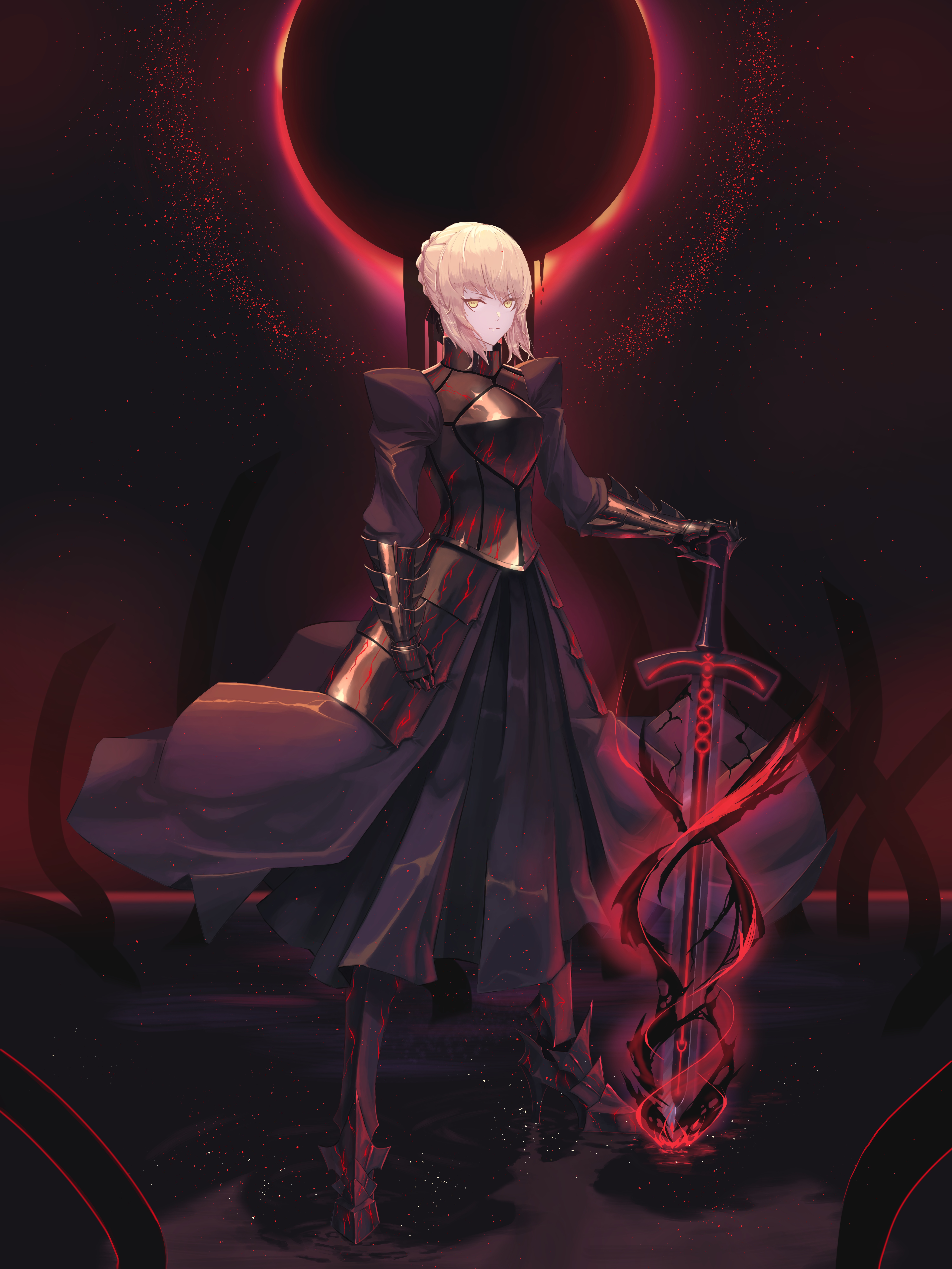 Saber Alter with Excalibur Morgan in front of a solar eclipse HD Phone Wallpaper