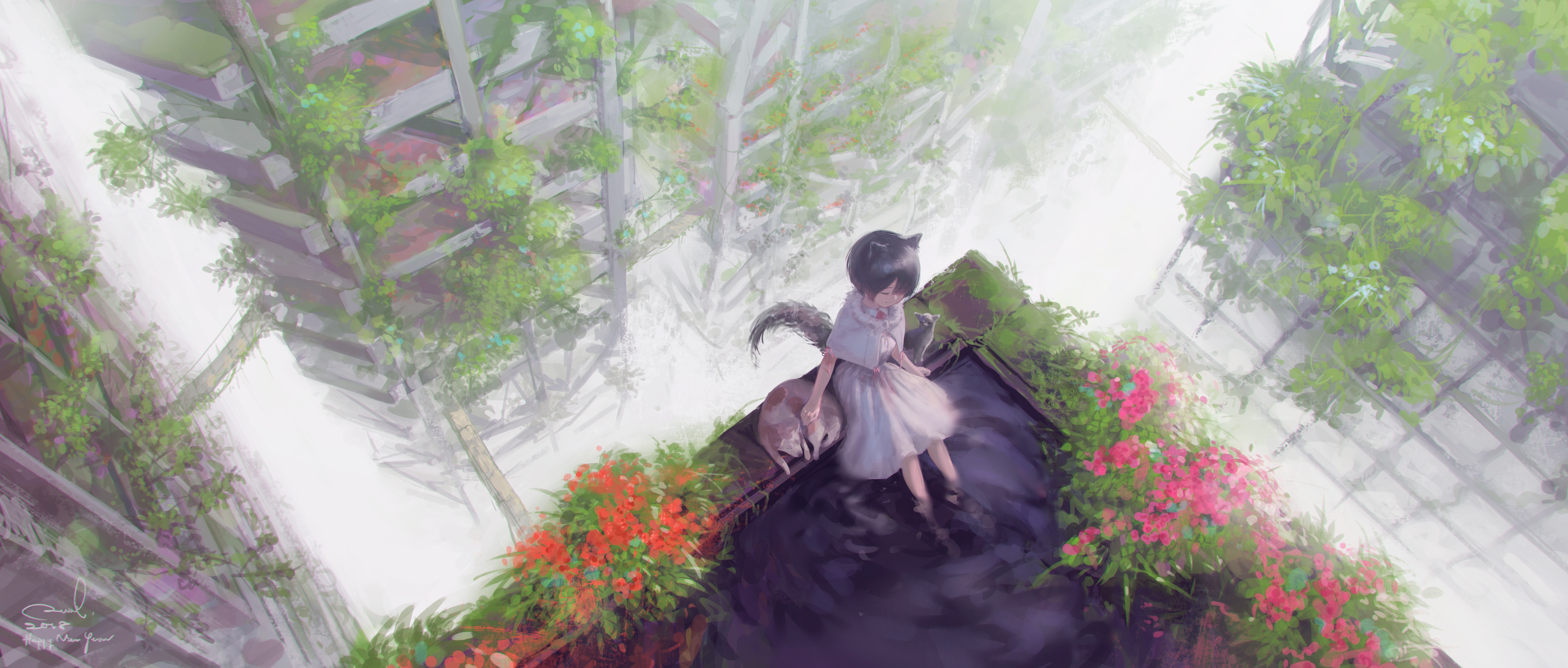 Fantasy art of a girl and dog in overgrown ruins HD Wallpaper
