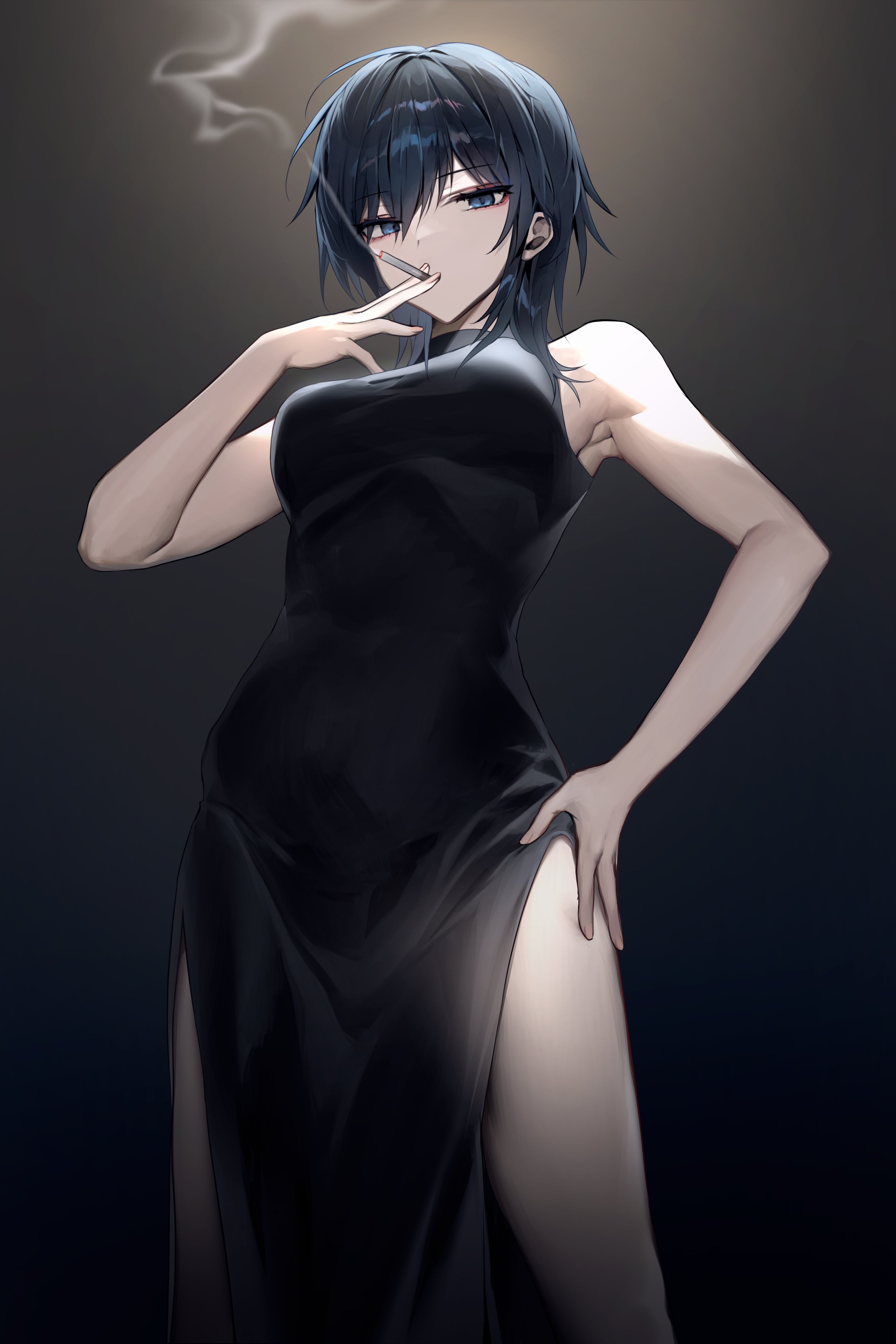 Anime girl in black dress smoking HD Phone Wallpaper