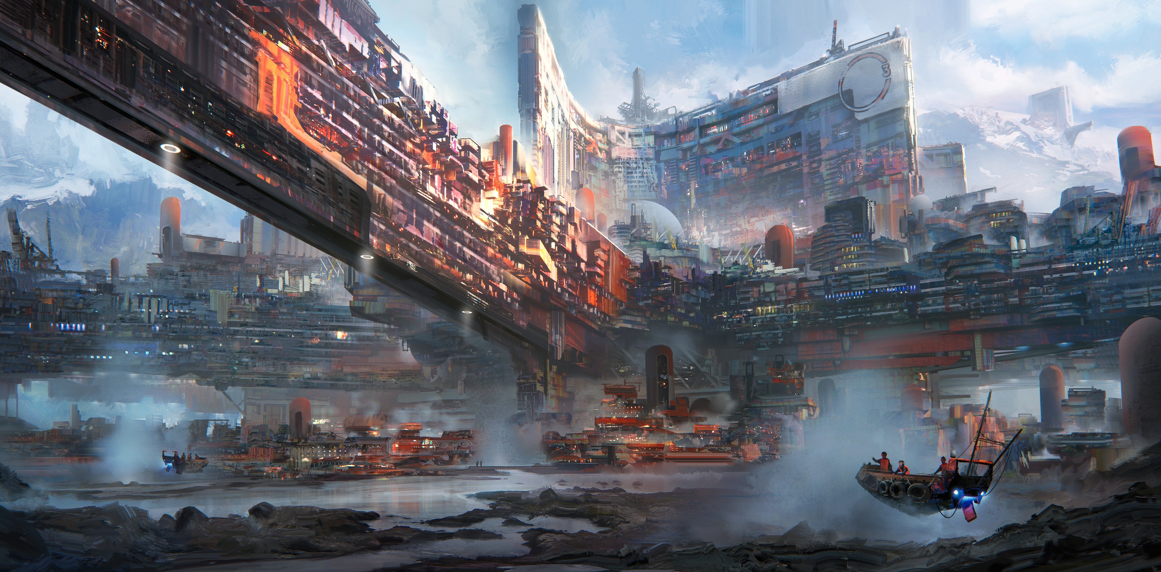 Futuristic science fiction cityscape with mountains HD Wallpaper