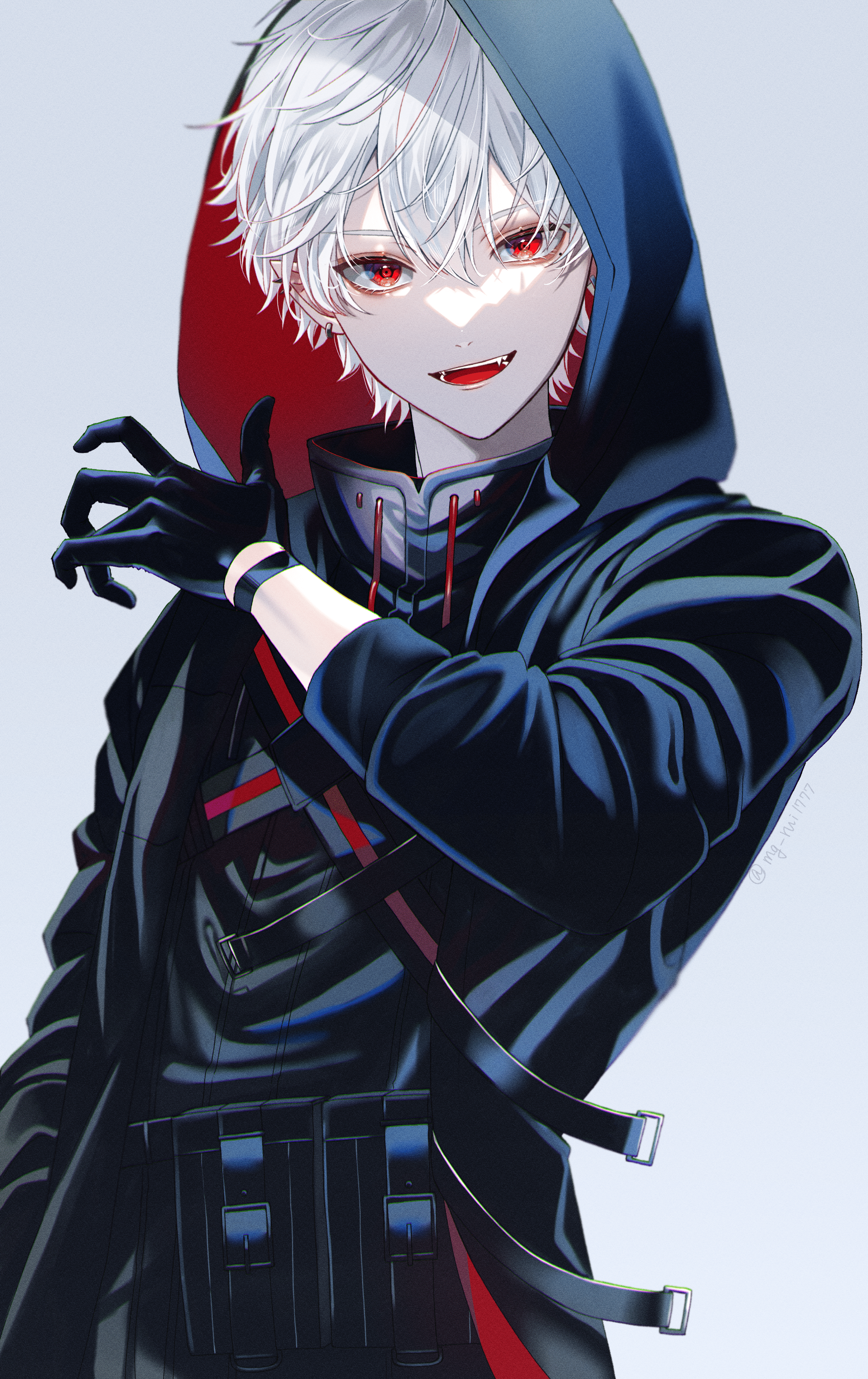 Anime boy with white hair and red eyes wearing a hood HD Phone Wallpaper