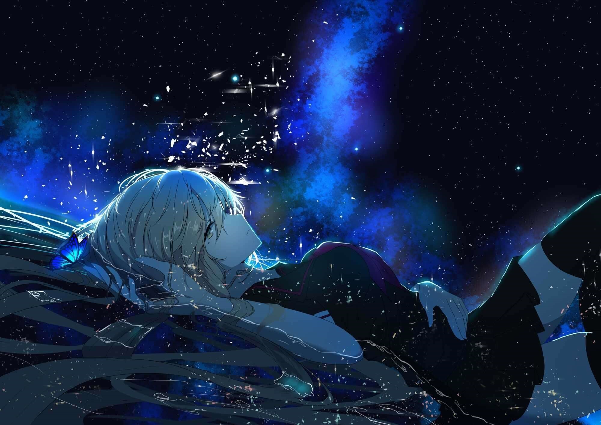 Woman with blonde hair in a starry sky HD Wallpaper