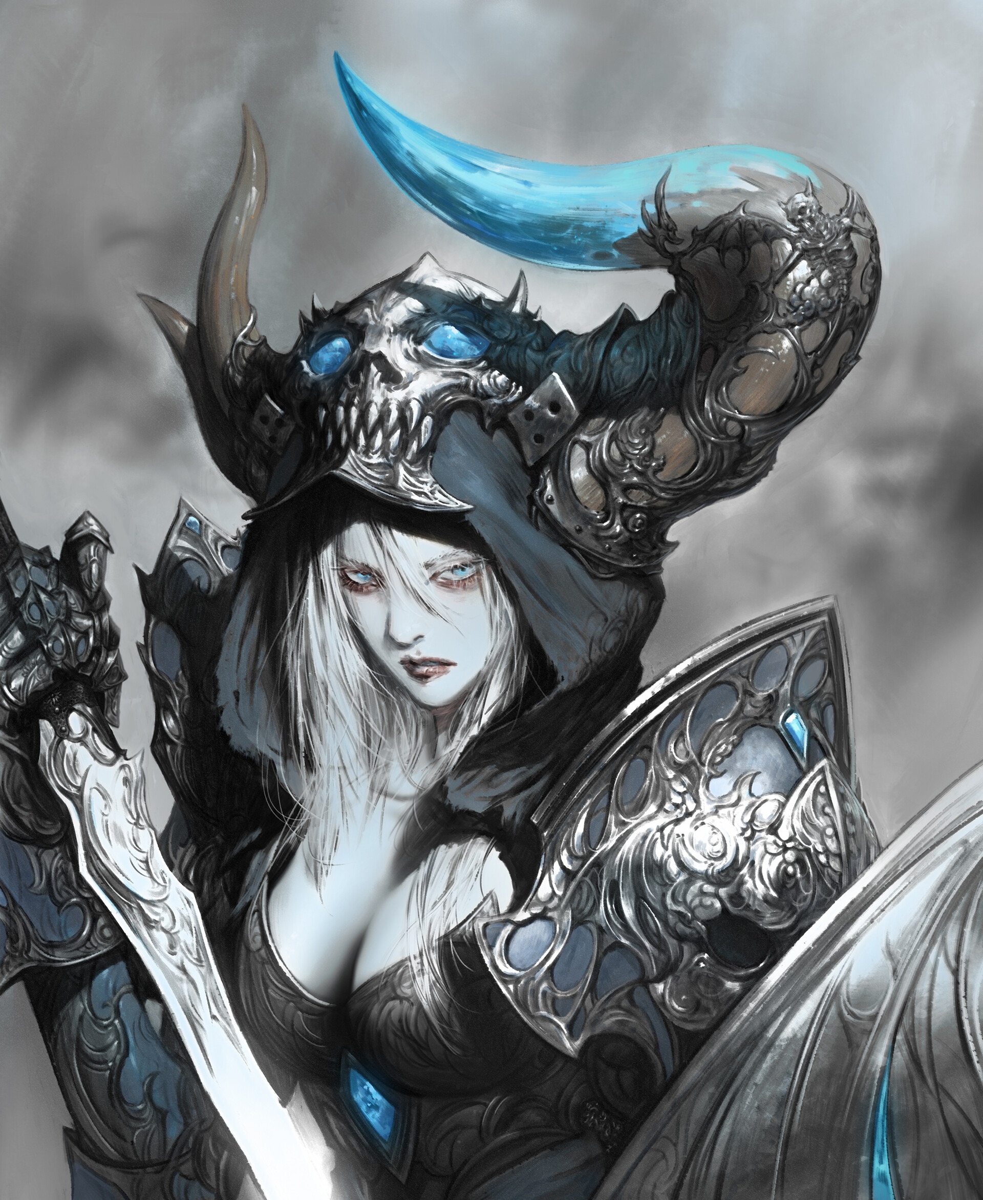 Fantasy girl with white hair and aqua eyes in armor HD Phone Wallpaper
