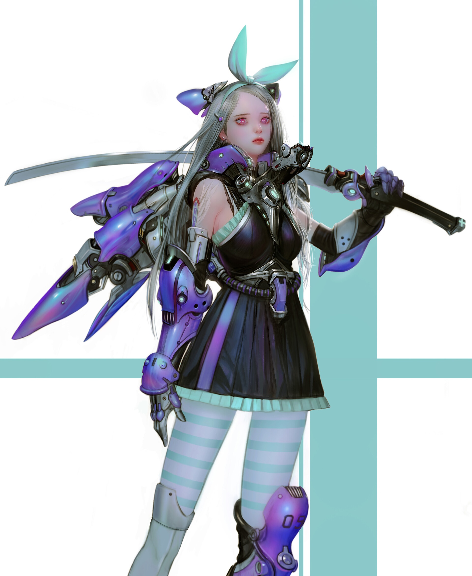 Cyborg girl with sword and mechanical wings HD Phone Wallpaper