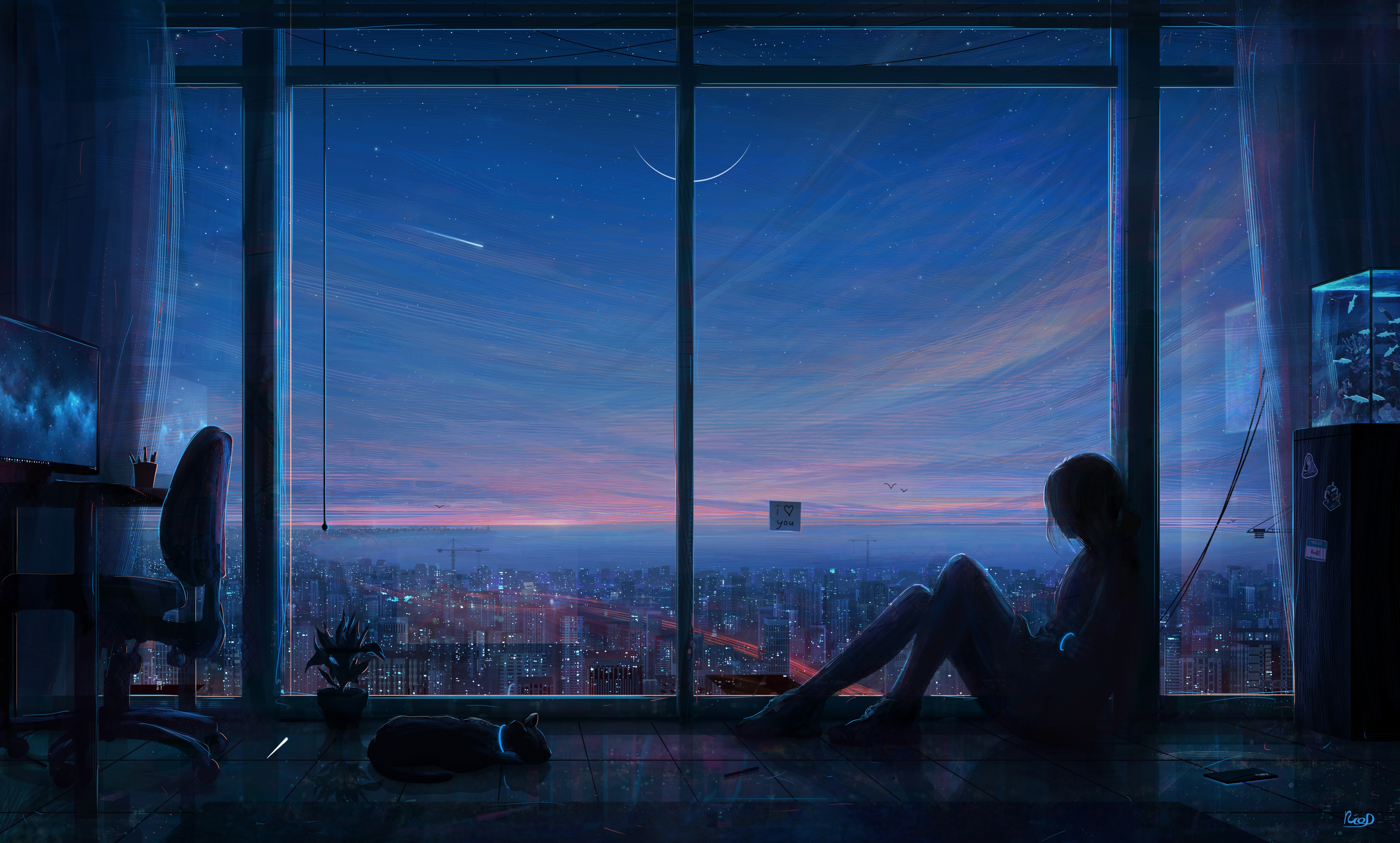 4K anime girl looking out window at cityscape at night HD Wallpaper