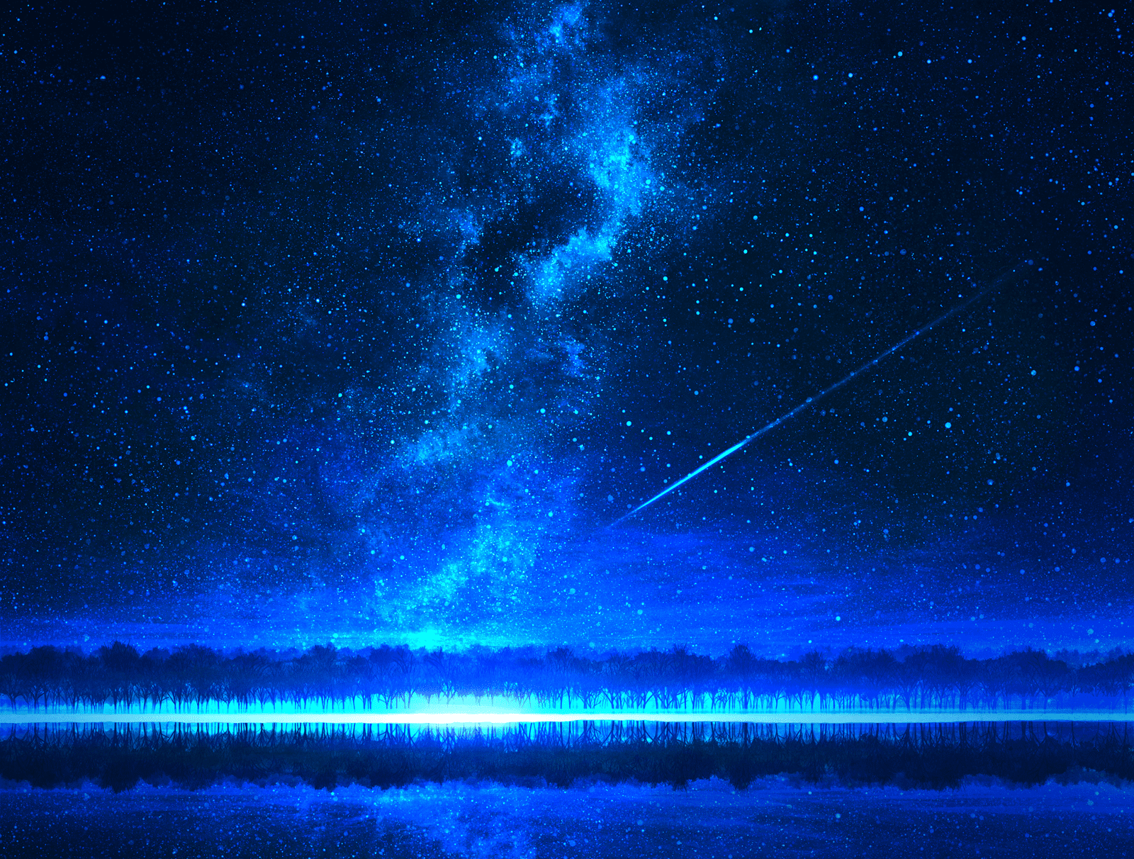 Starry night sky over a forest and reflection HD Wallpaper