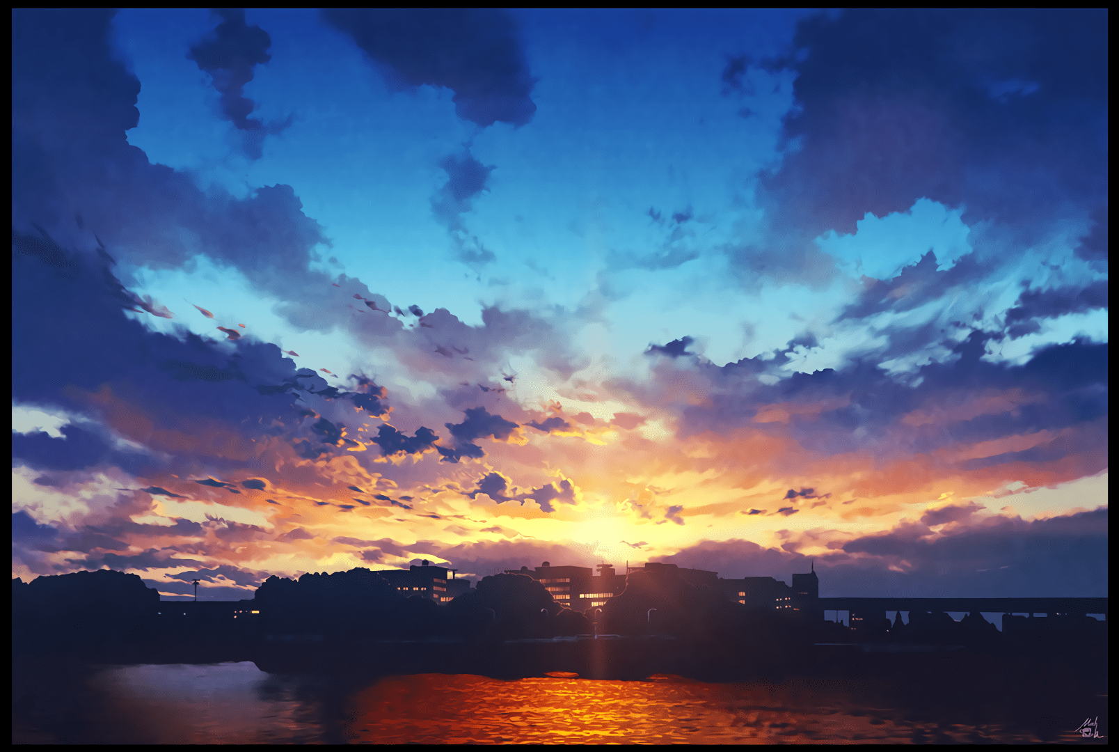 Sunset over a city skyline with dramatic clouds HD Wallpaper