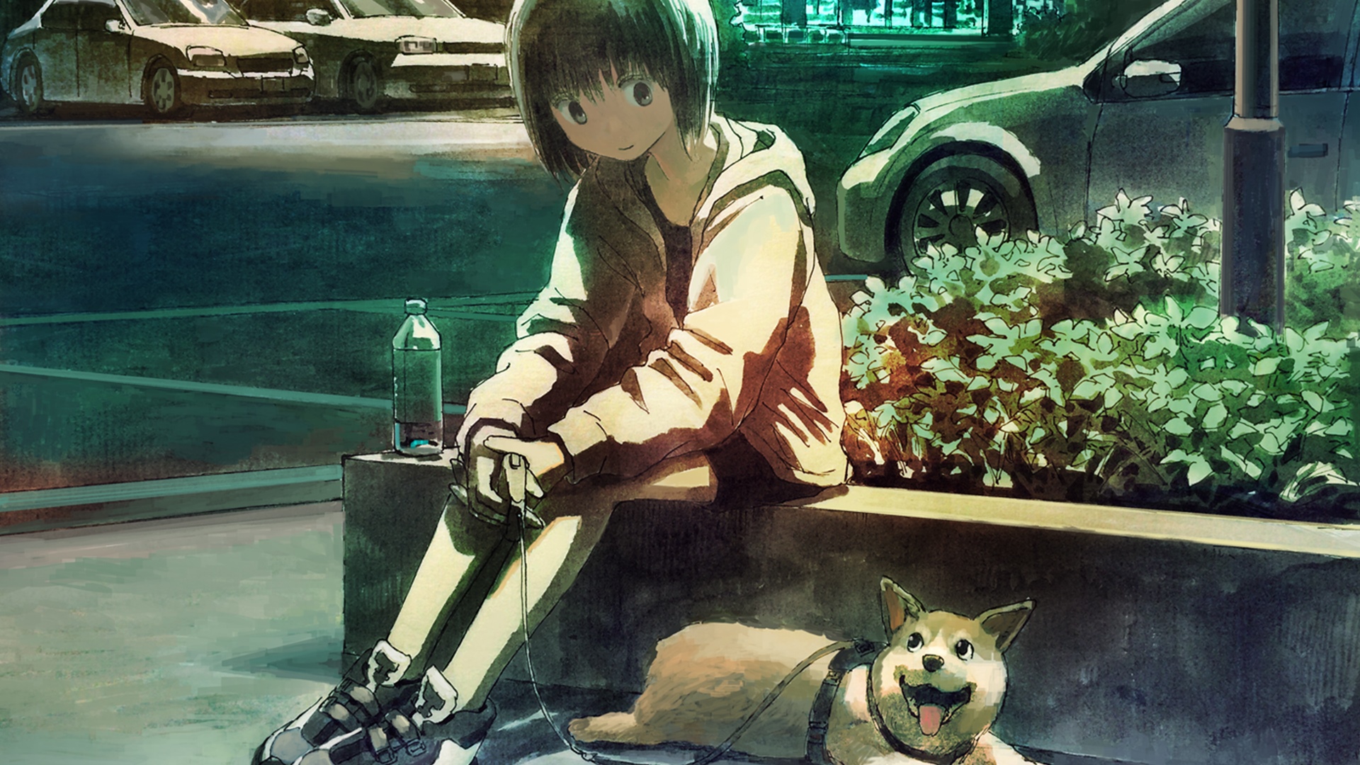 Girl and Pembroke Welsh Corgi sitting by the street HD Wallpaper