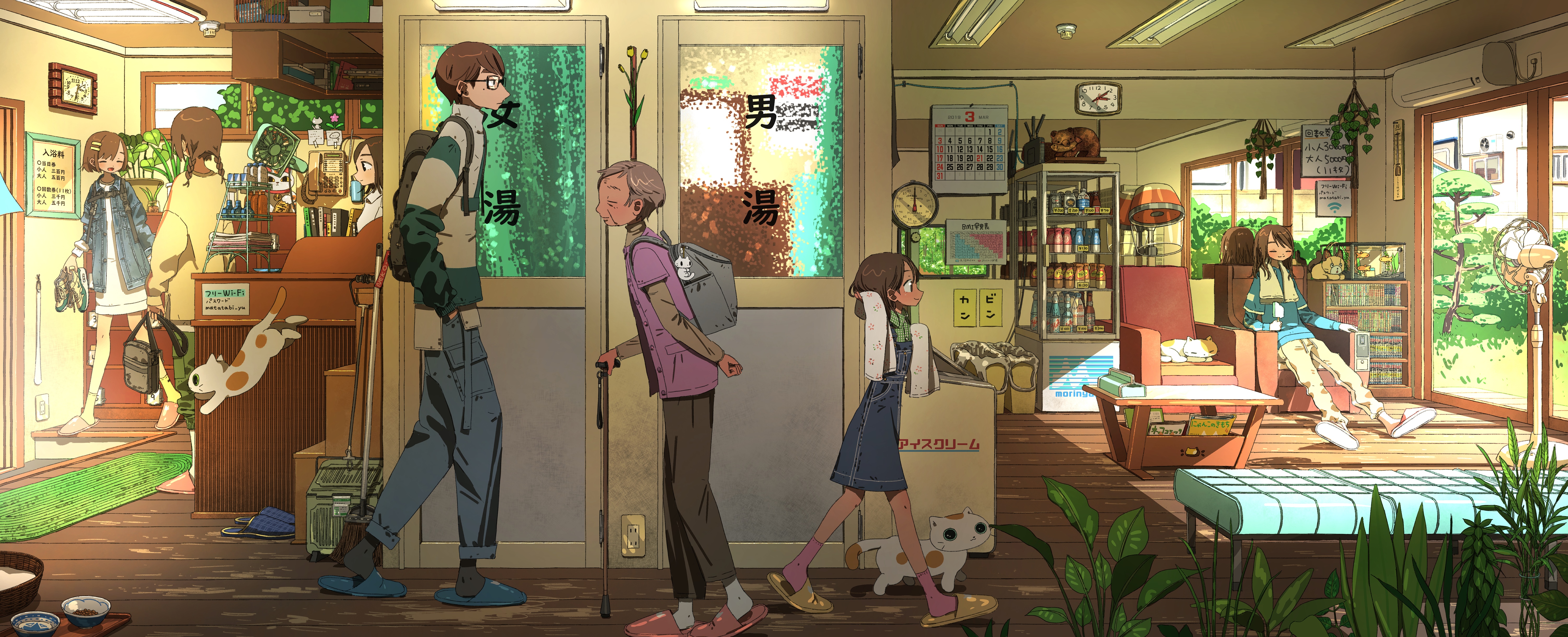 Anime characters and cats in a bathhouse HD Wallpaper