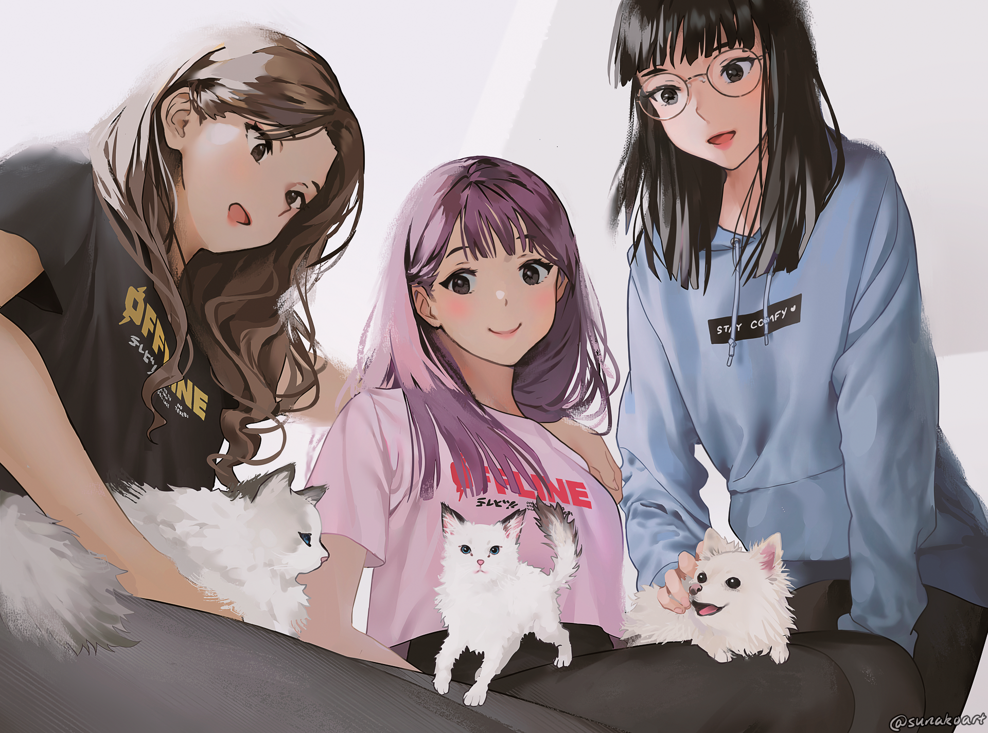 Three anime girls with cats and a dog HD Wallpaper