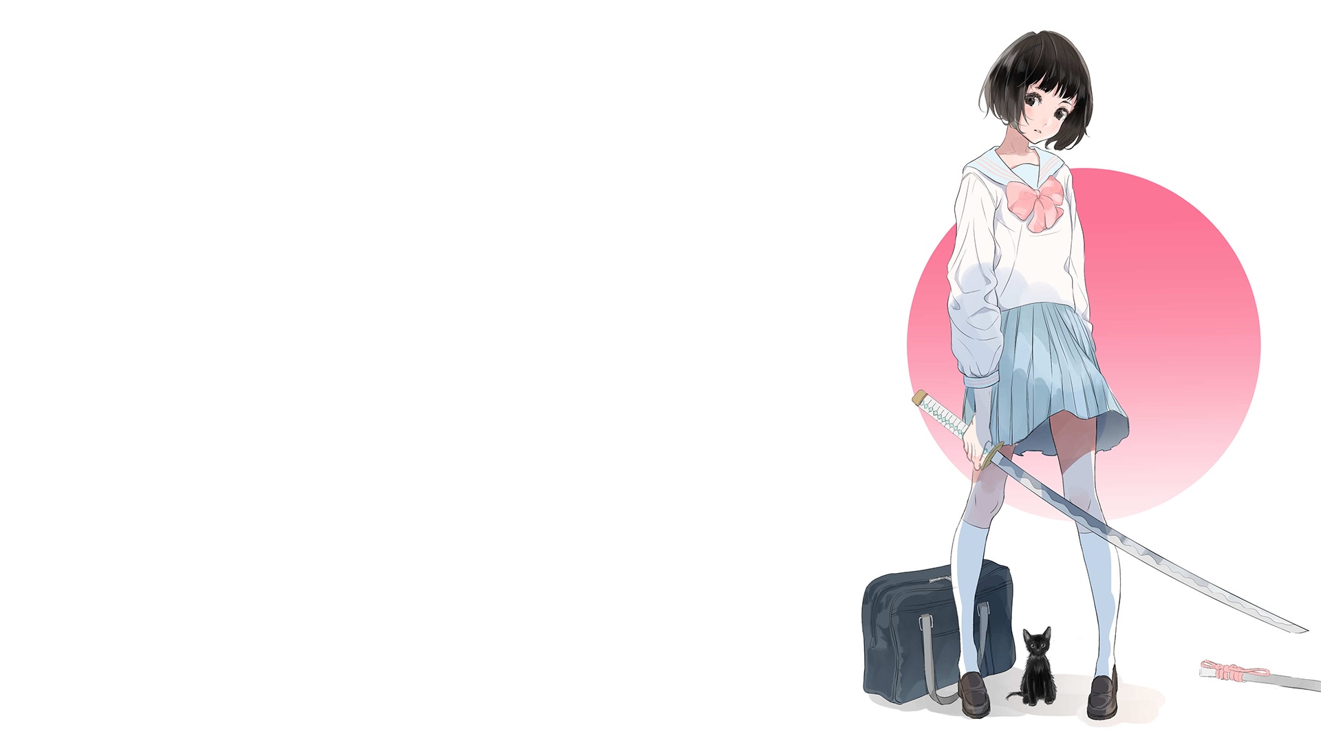 Anime girl with sword and cat HD Wallpaper
