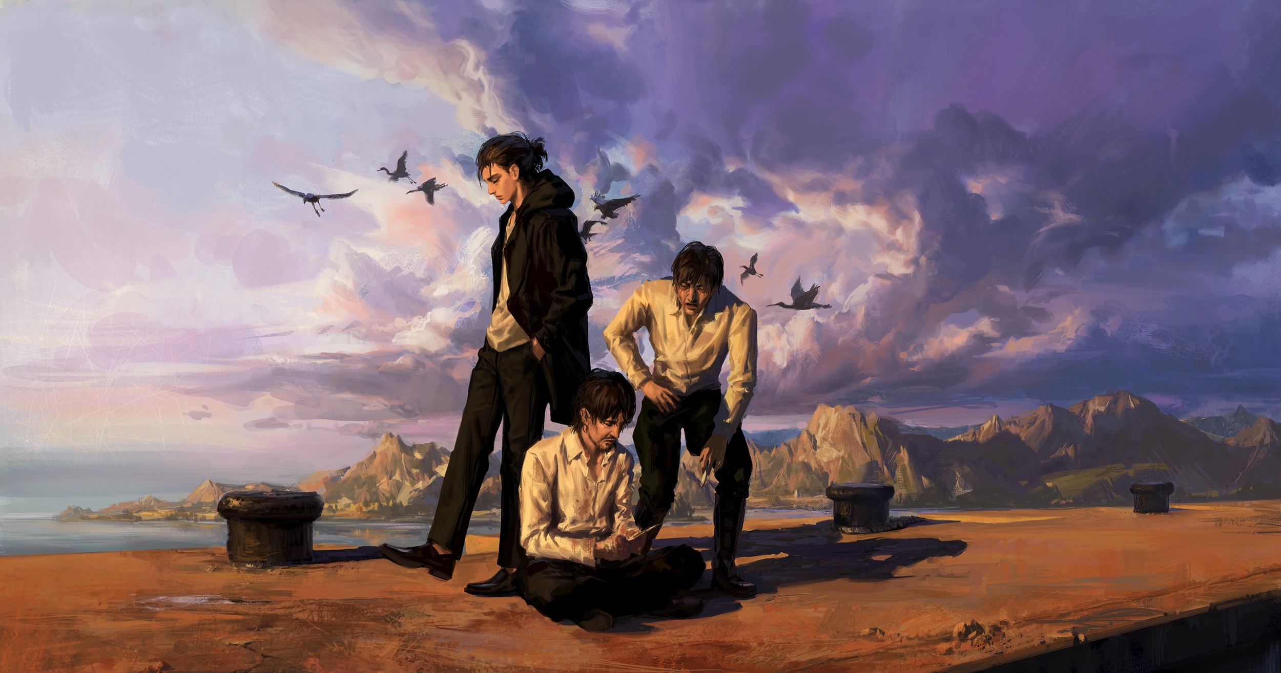 Attack on Titan characters on a pier with birds HD Wallpaper