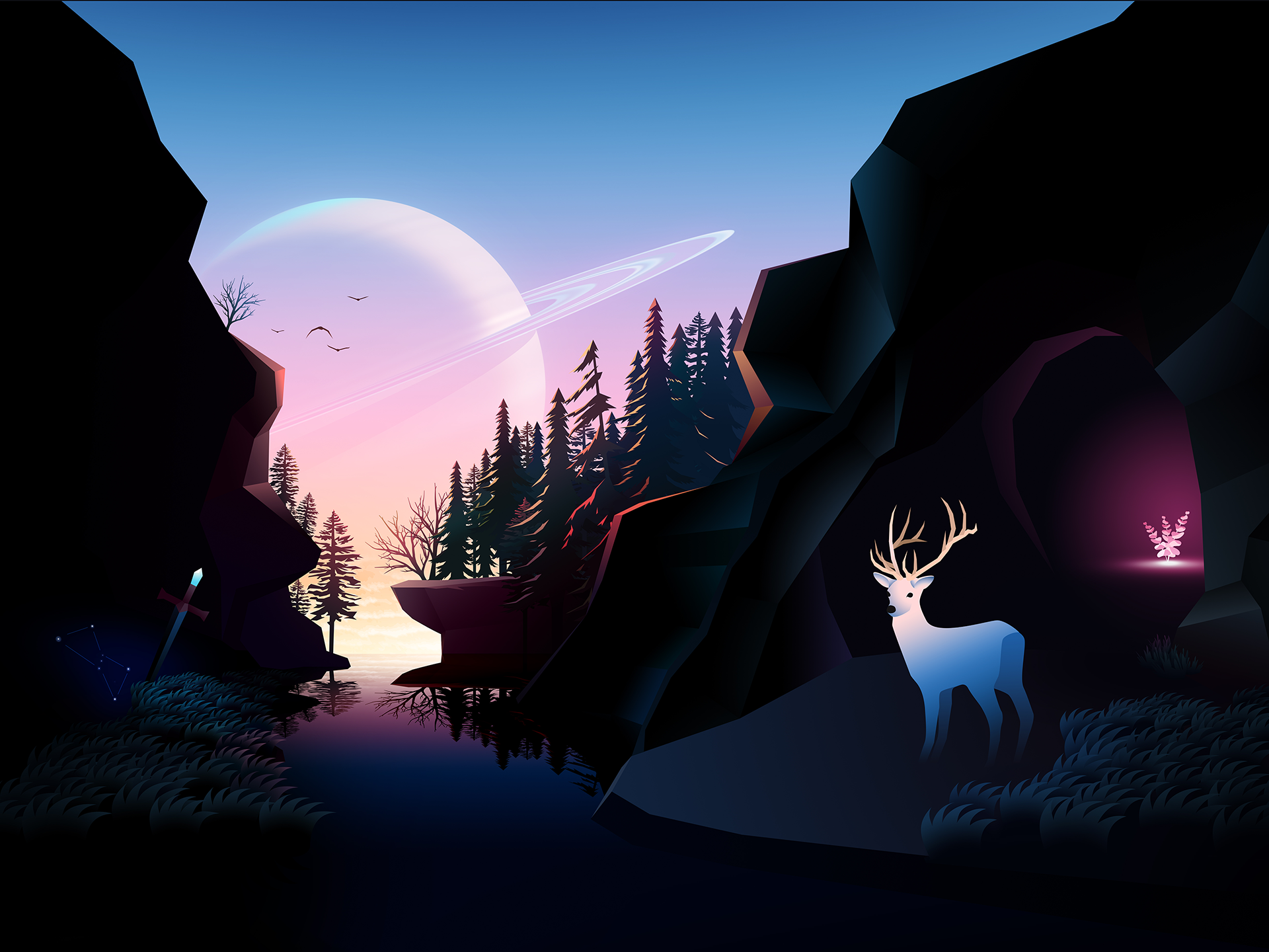 Saturn and deer in a rocky landscape HD Wallpaper