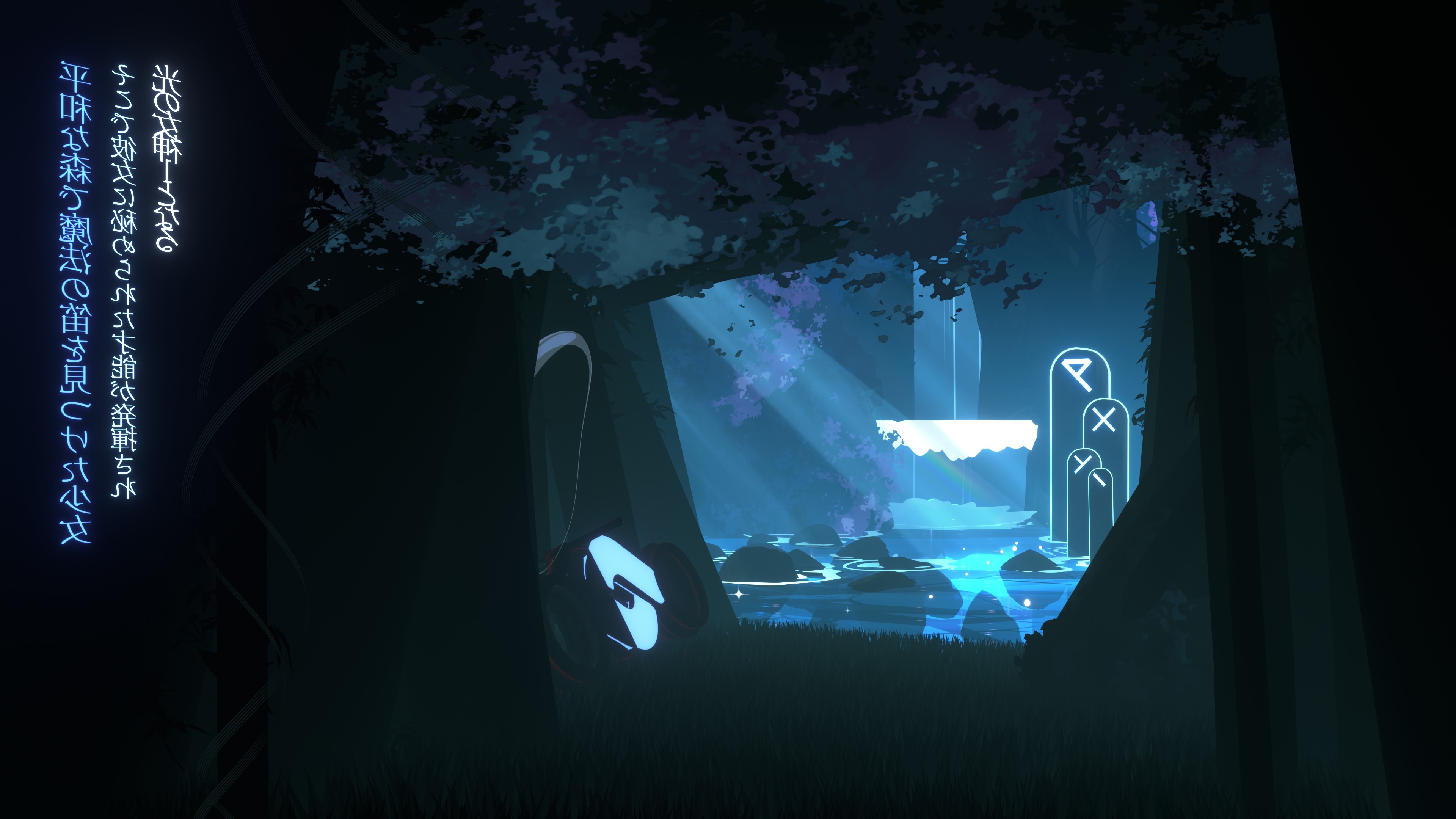 4K Japanese forest with blue waterfall and runes HD Wallpaper