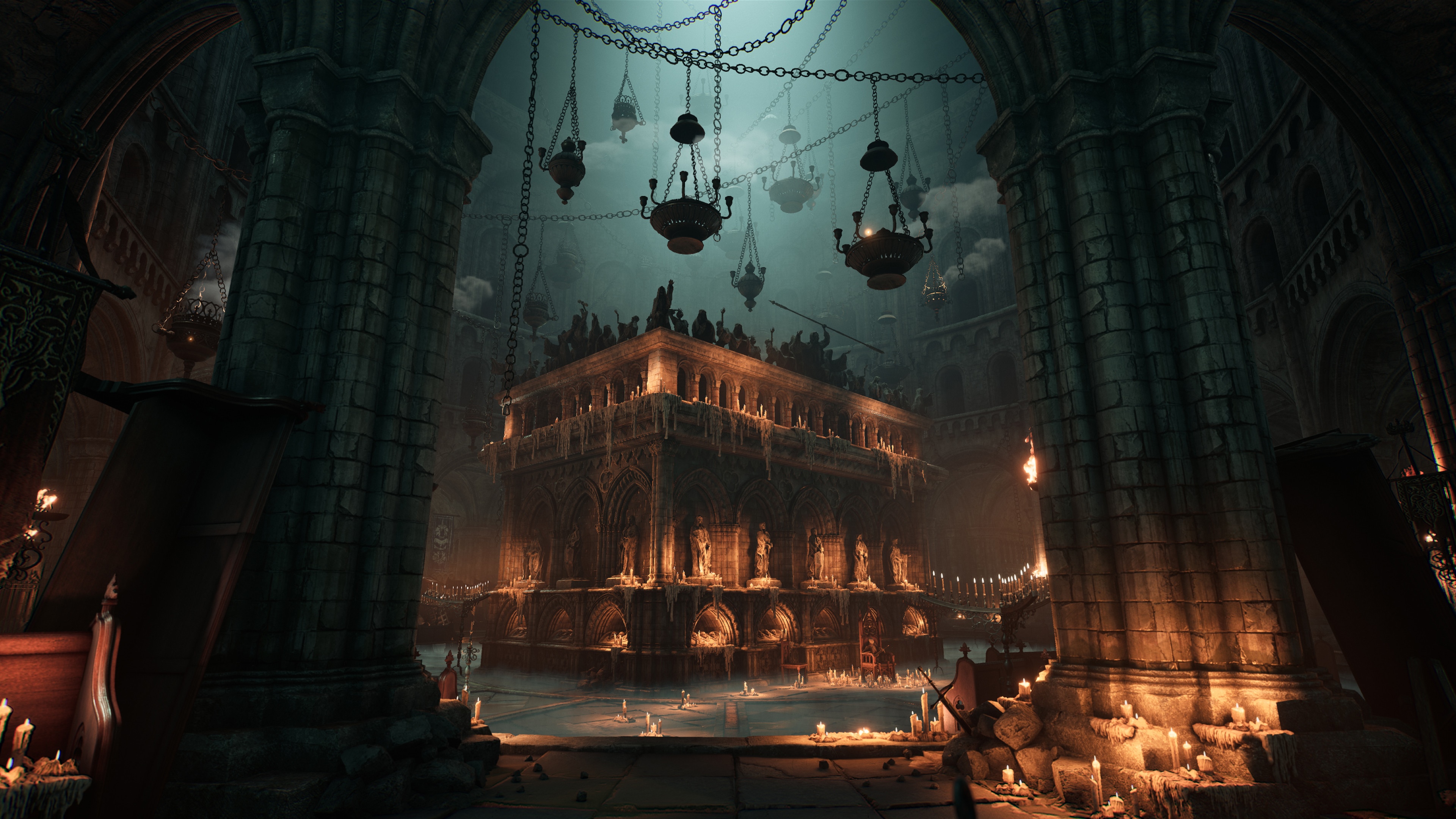 Dark Souls III Cathedral with Candles and Chandeliers HD Wallpaper