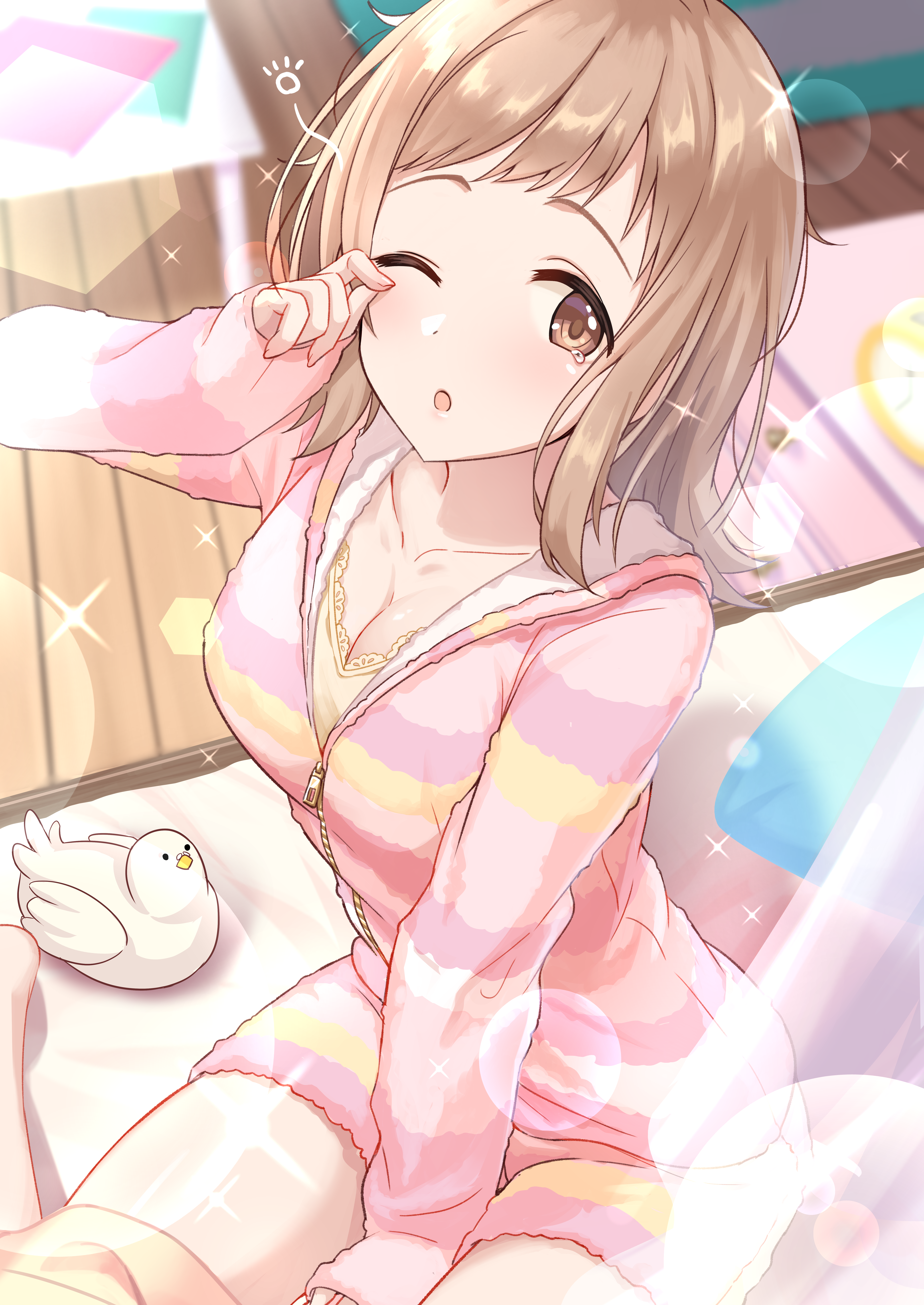 Sleepy girl in pink sweater with bird plushie HD Phone Wallpaper