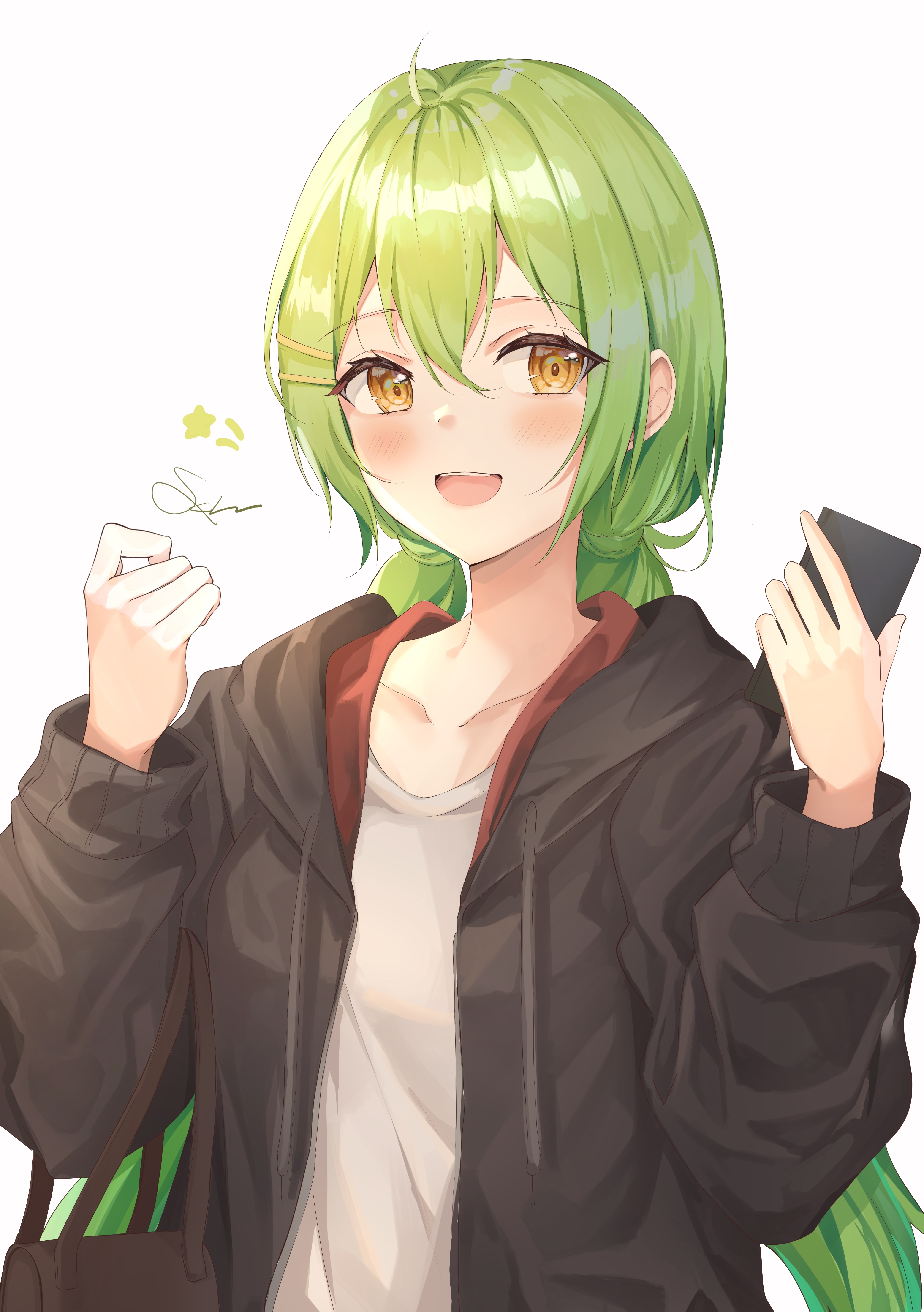 Anime girl with green hair and yellow eyes HD Phone Wallpaper