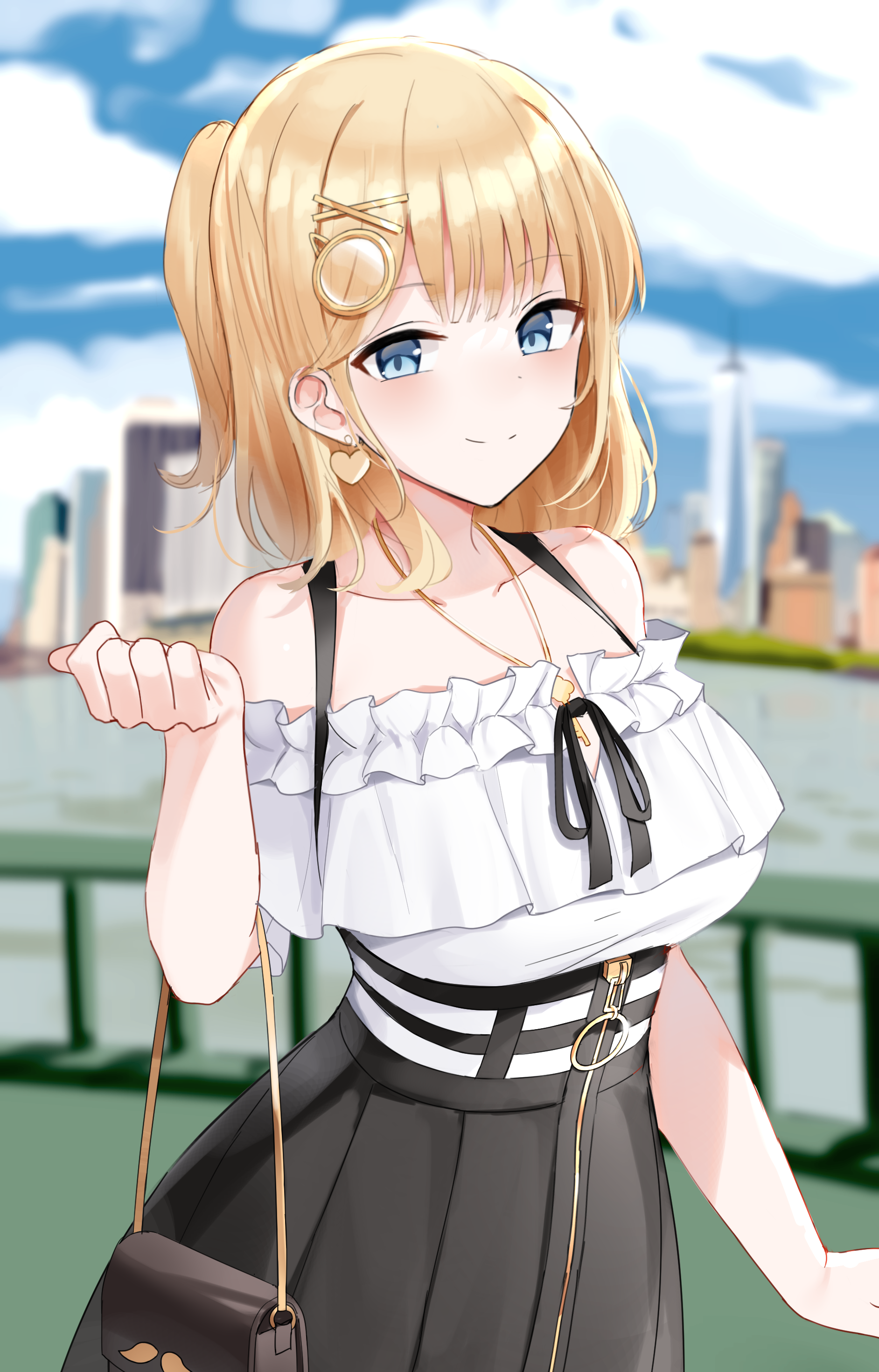 Watson Amelia with a purse in front of city skyline HD Phone Wallpaper