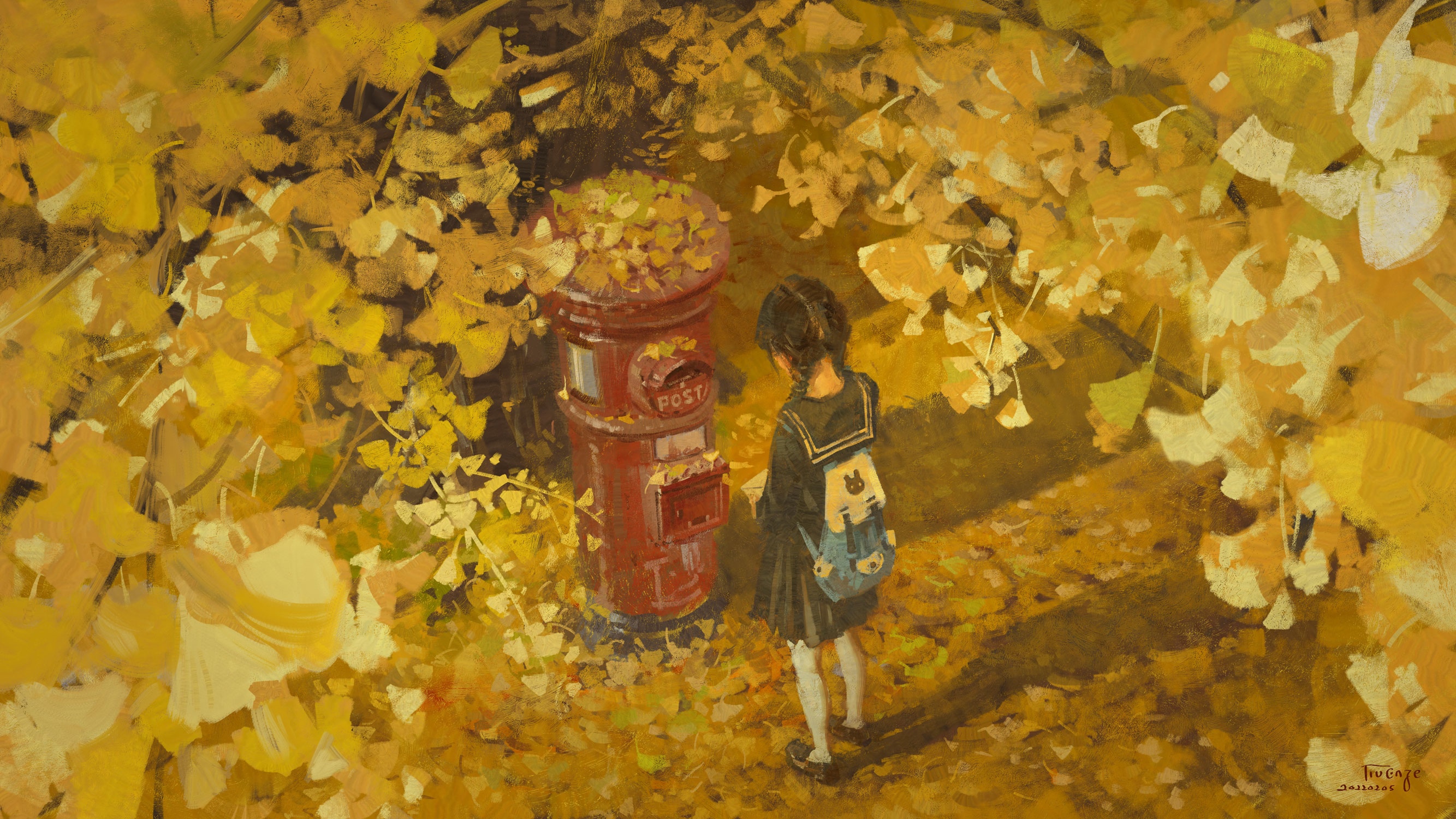 Girl by a red postbox surrounded by autumn leaves HD Wallpaper