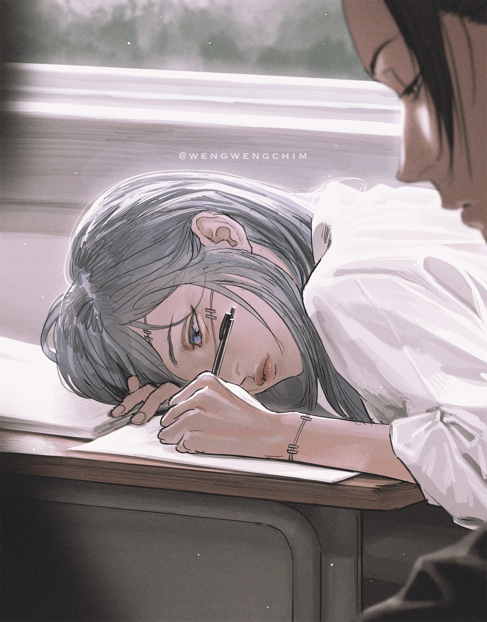 Mahito (Jujutsu Kaisen) genderswapped writing at a desk HD Phone Wallpaper