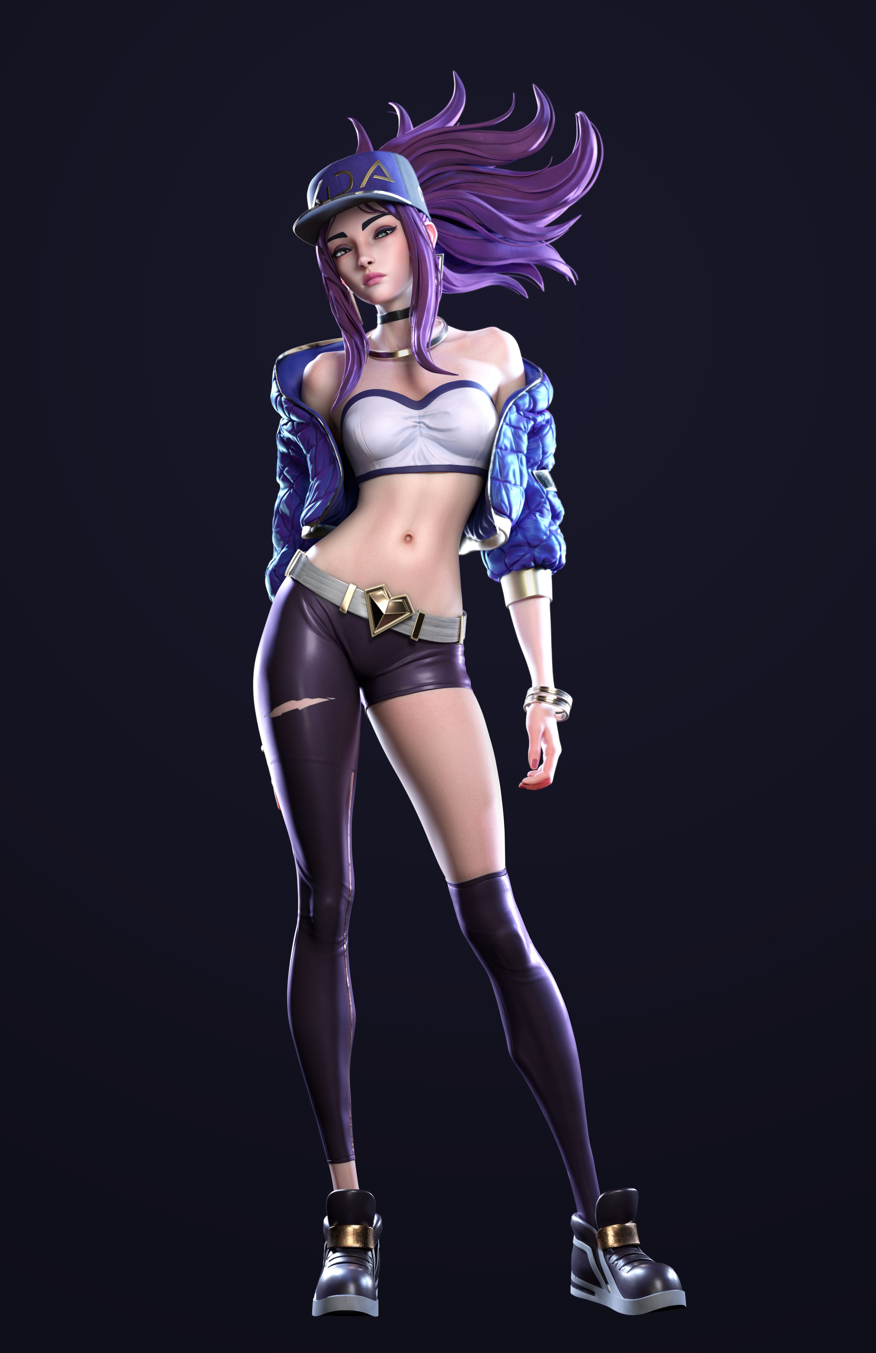 K/DA Akali with purple hair and blue jacket HD Phone Wallpaper