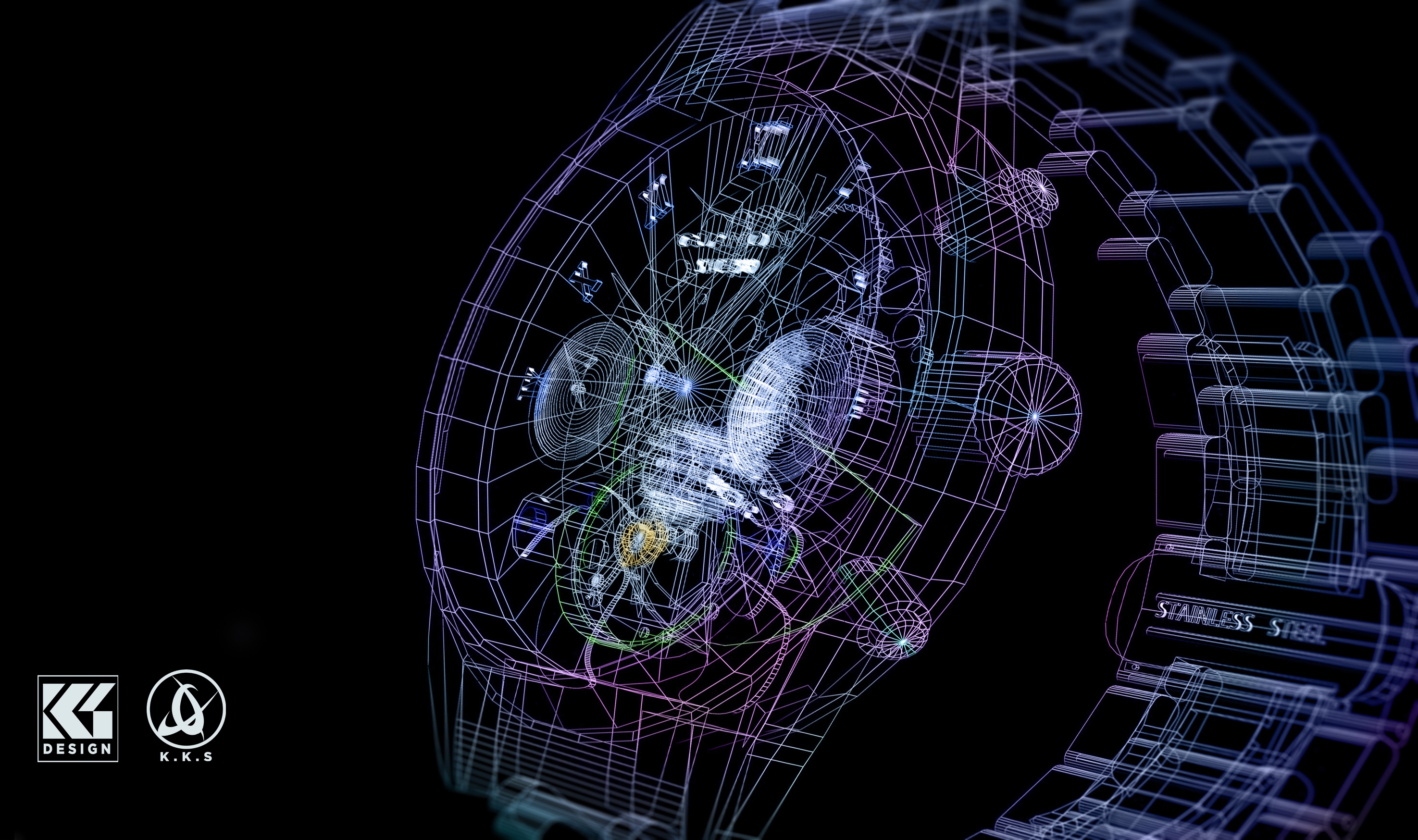 Wireframe 3D model of a wristwatch on a black background HD Wallpaper