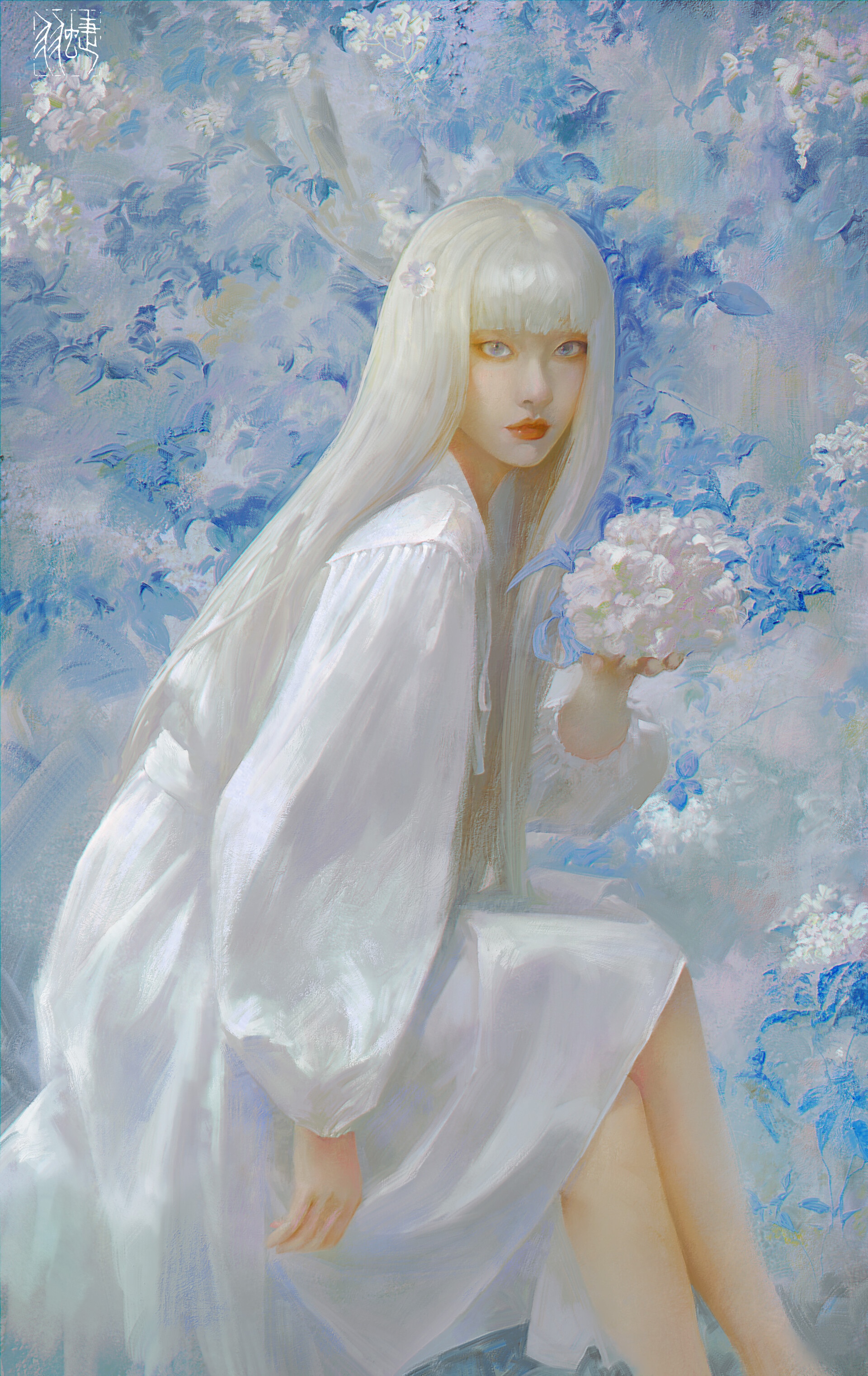 Painting of a girl with white hair and blue eyes HD Phone Wallpaper