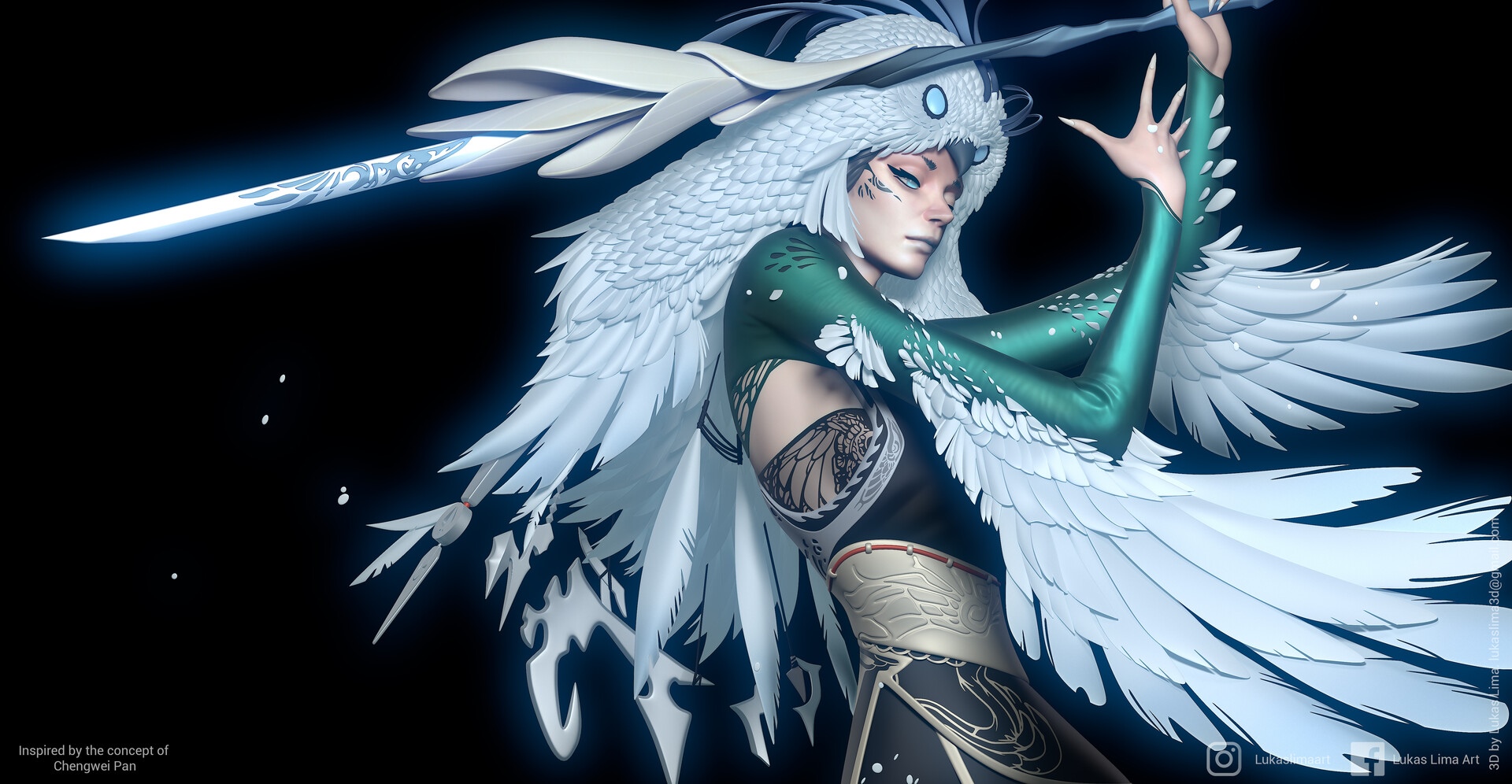 Female warrior with bird-like wings and a glowing sword HD Wallpaper