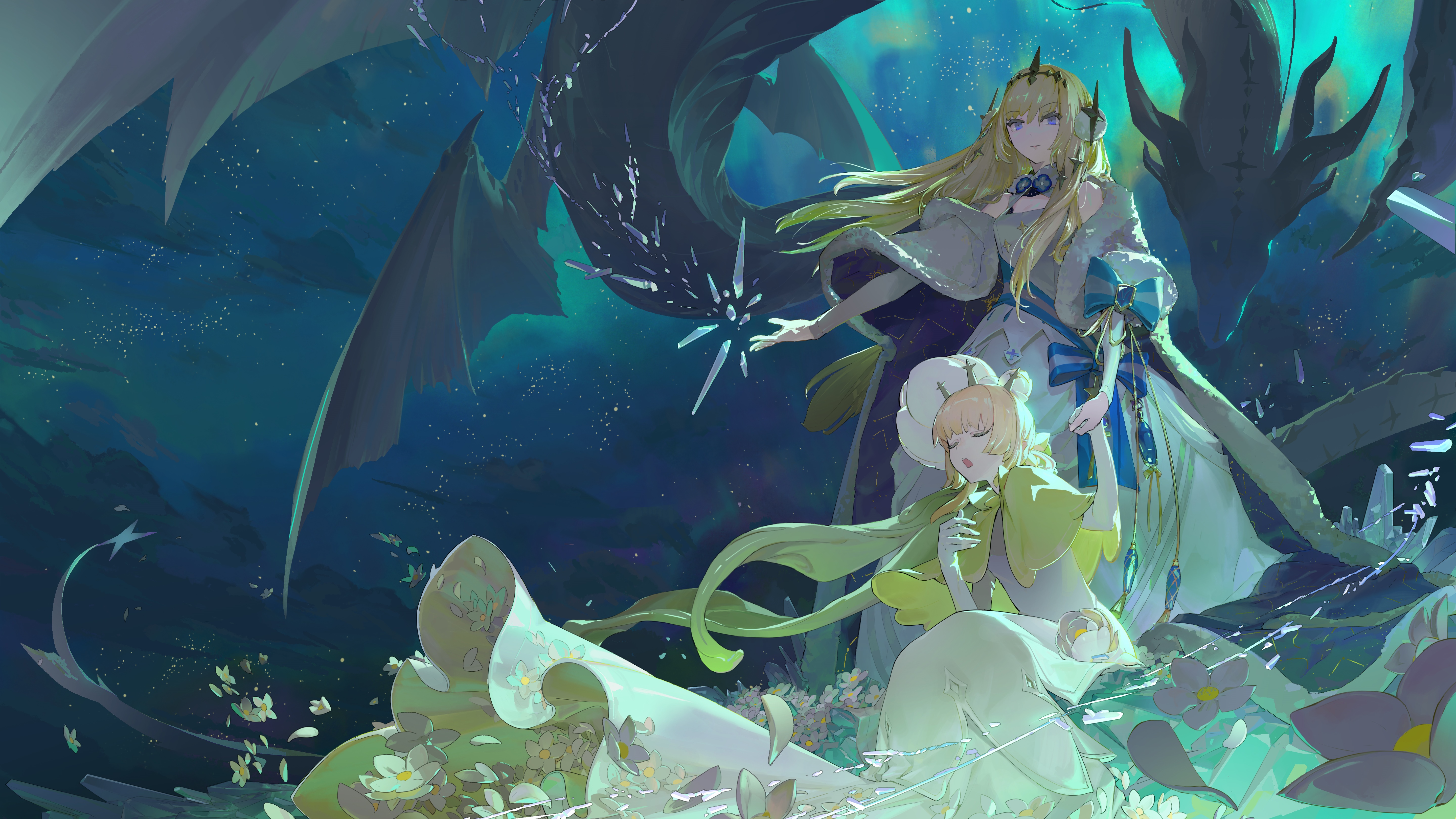 4K Fantasy Art of Two Blonde Women and a Dragon HD Wallpaper