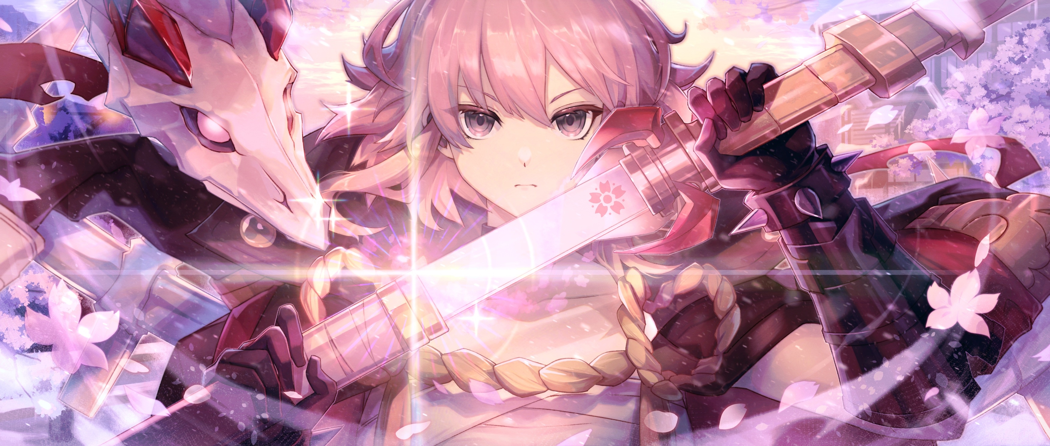 Anime girl with pink hair holding a sword and a mask HD Wallpaper