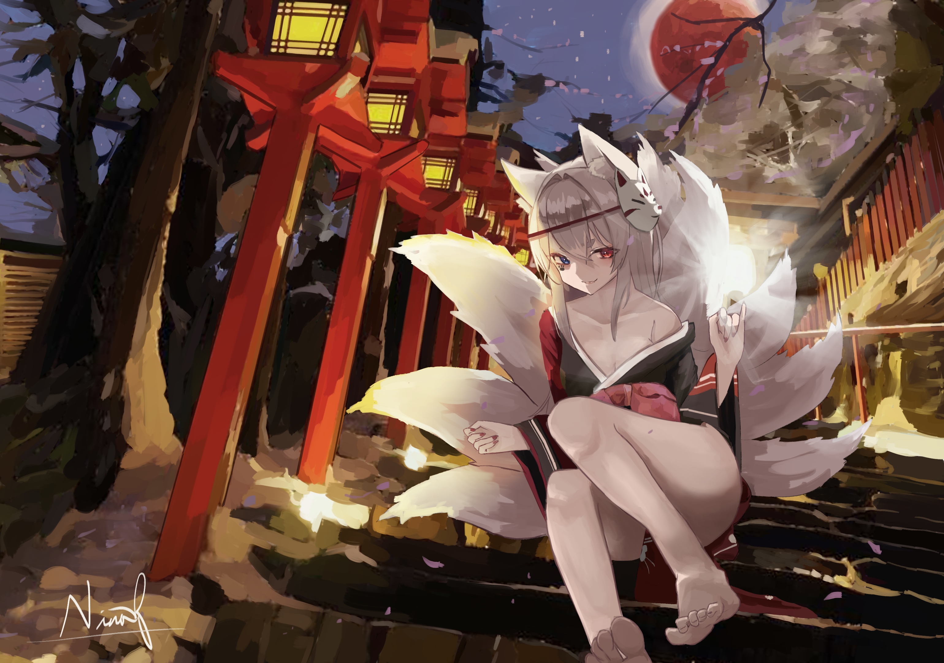 Kitsune girl with heterochromia sits by red torii gates HD Wallpaper