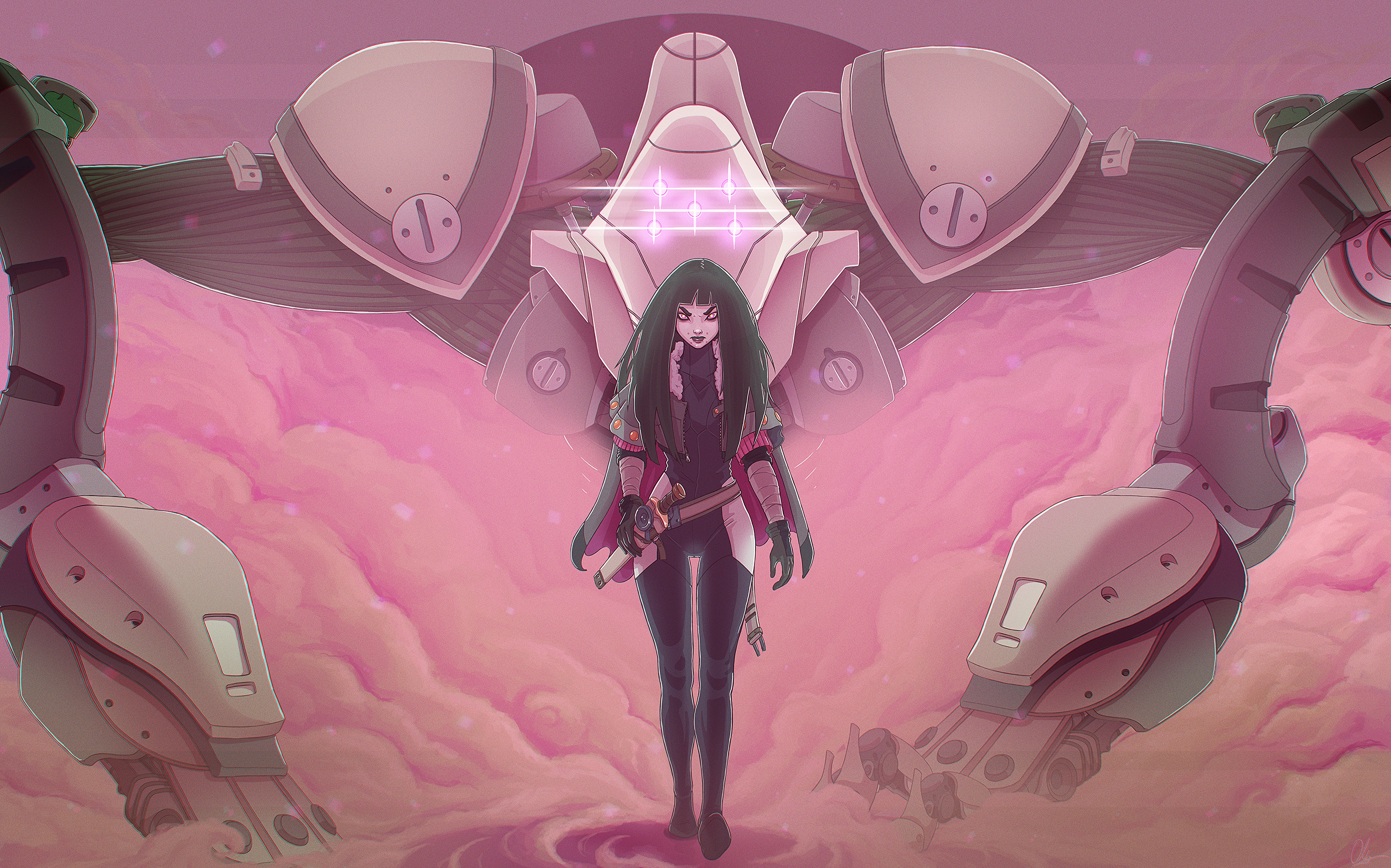 Woman with sword and mech in clouds HD Wallpaper