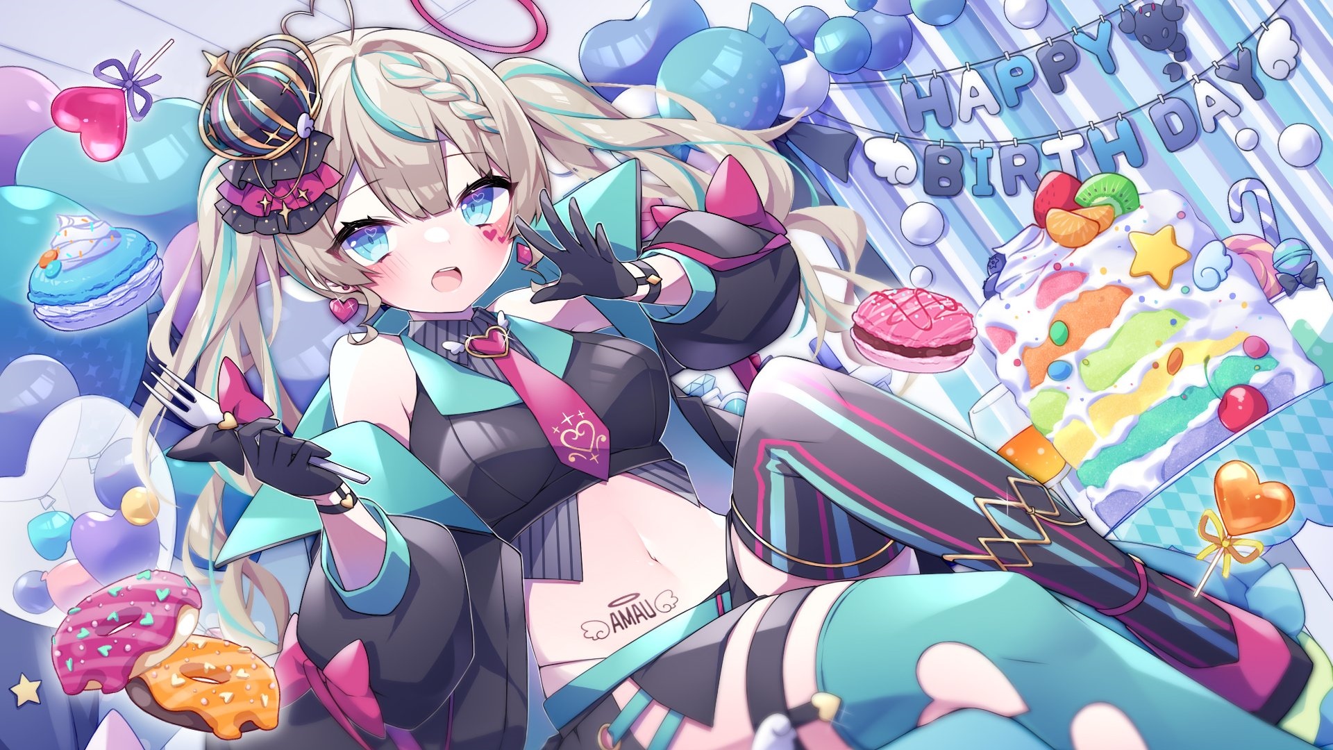 Anime girl with crown and sweets, happy birthday theme HD Wallpaper