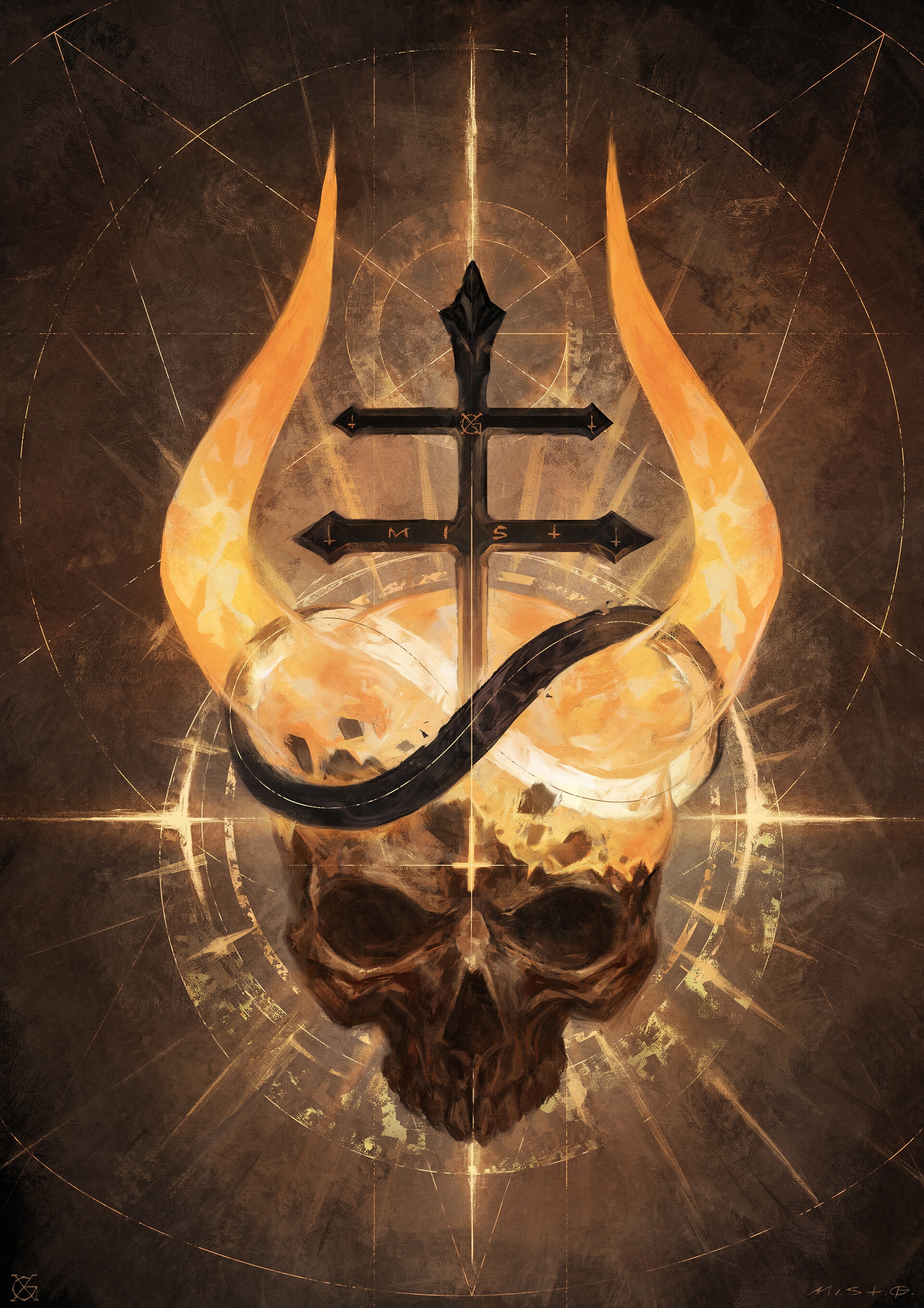 Satanic Skull with Cross and Horns Artwork HD Phone Wallpaper