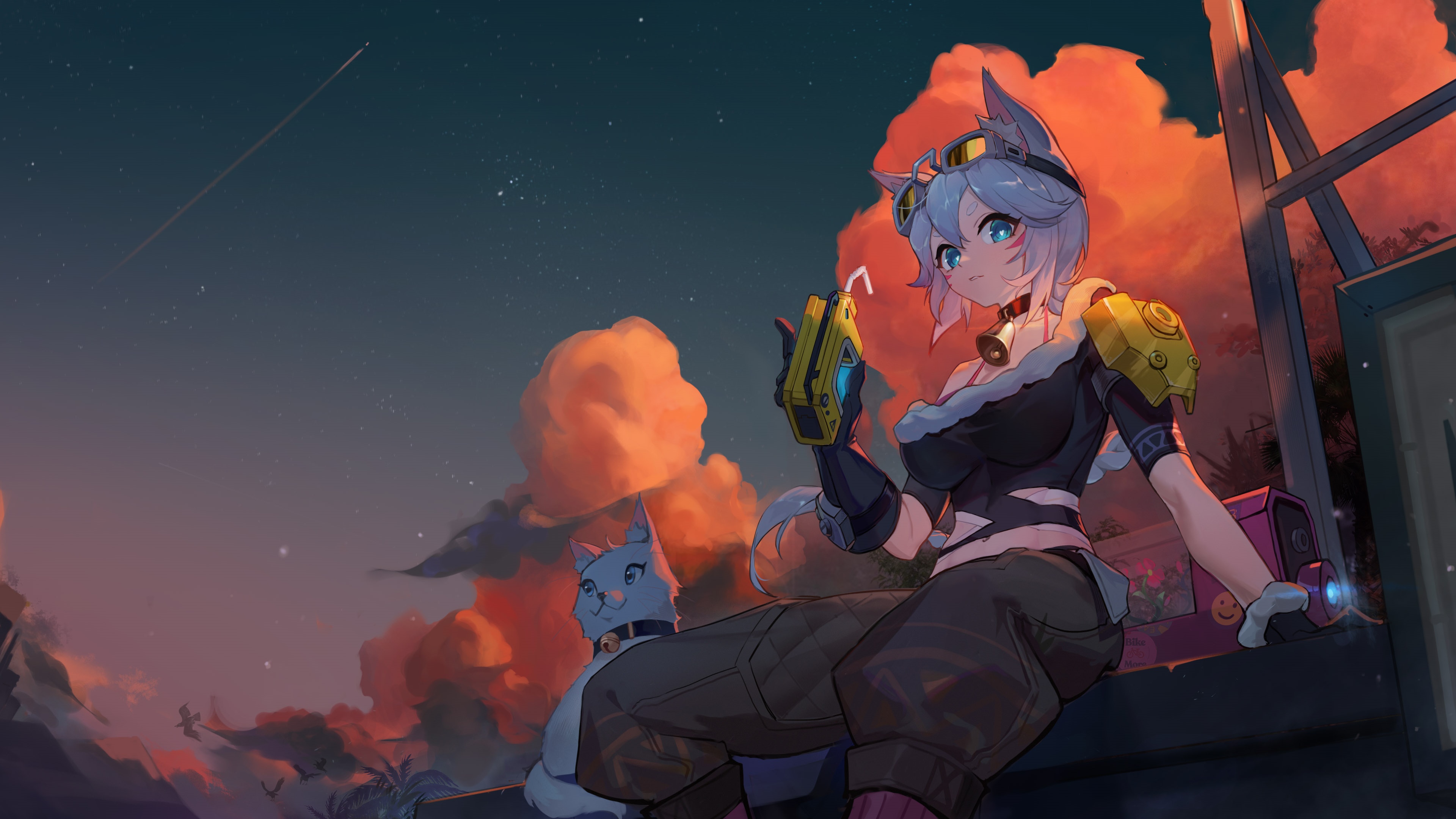 4K Cat Girl with Bell at Sunset HD Wallpaper