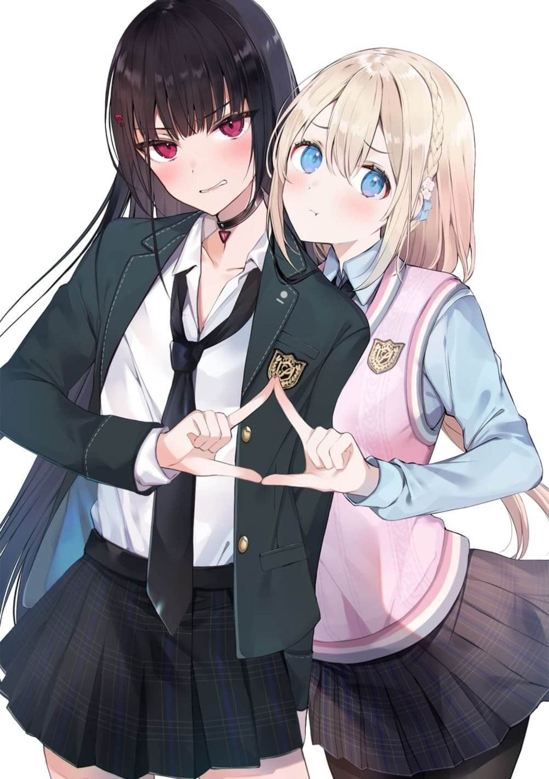 Two anime girls in school uniforms making a triangle HD Phone Wallpaper
